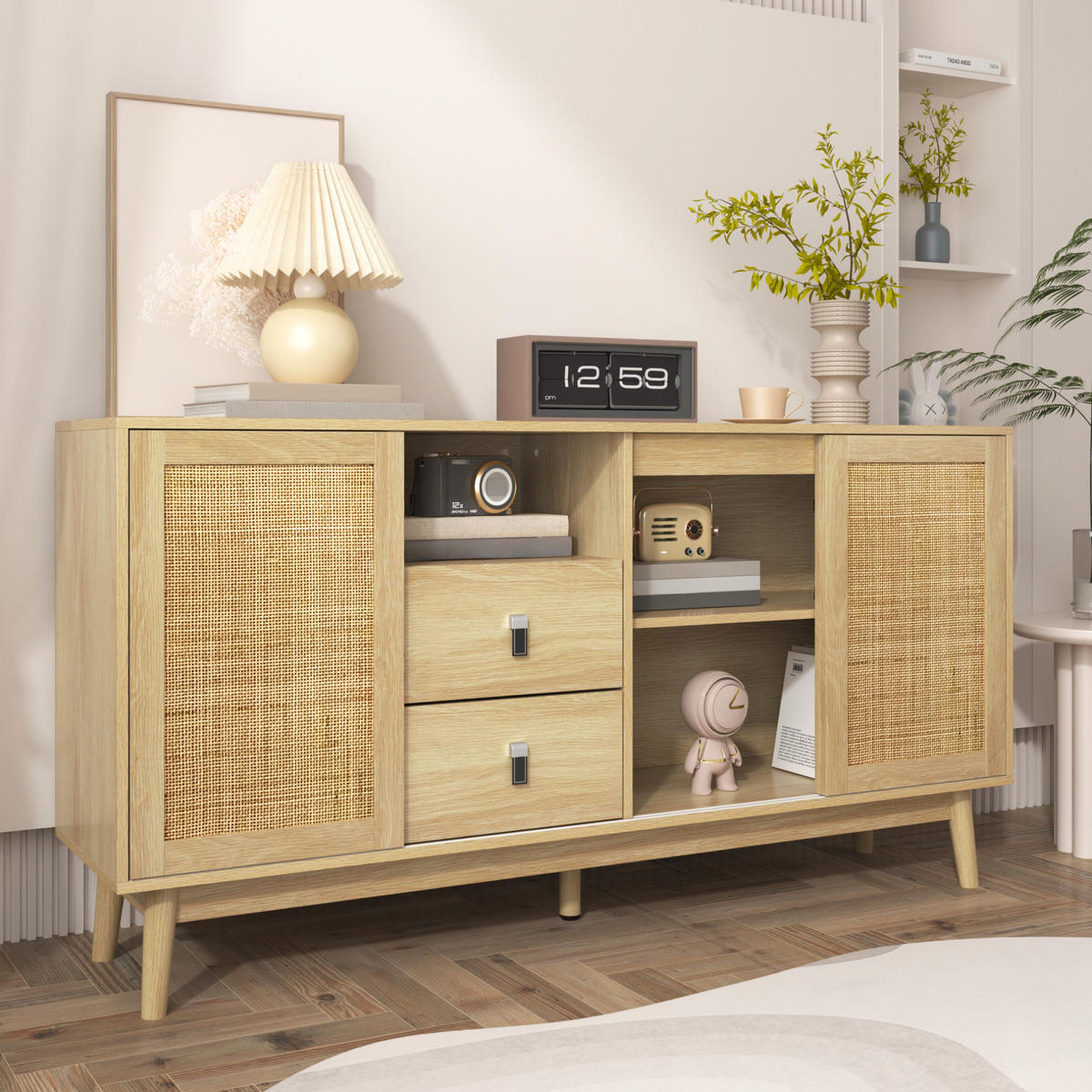 SIDEBOARD 155/38/80 cm in Holzfarbe mit 3 Schiebetüren und 2 Schubladen - Naturfarben, Holzwerkstoff (155/80/38cm) - Flora Grace