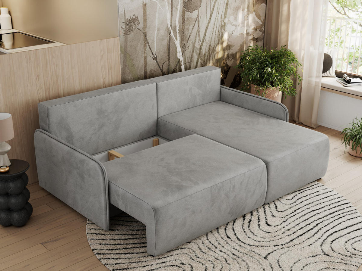 ECKSCHLAFSOFA ARPA L Hellgrau Velvet - rechts - Hellgrau/Schwarz, Kunststoff/Textil (150/198cm) - MKS
