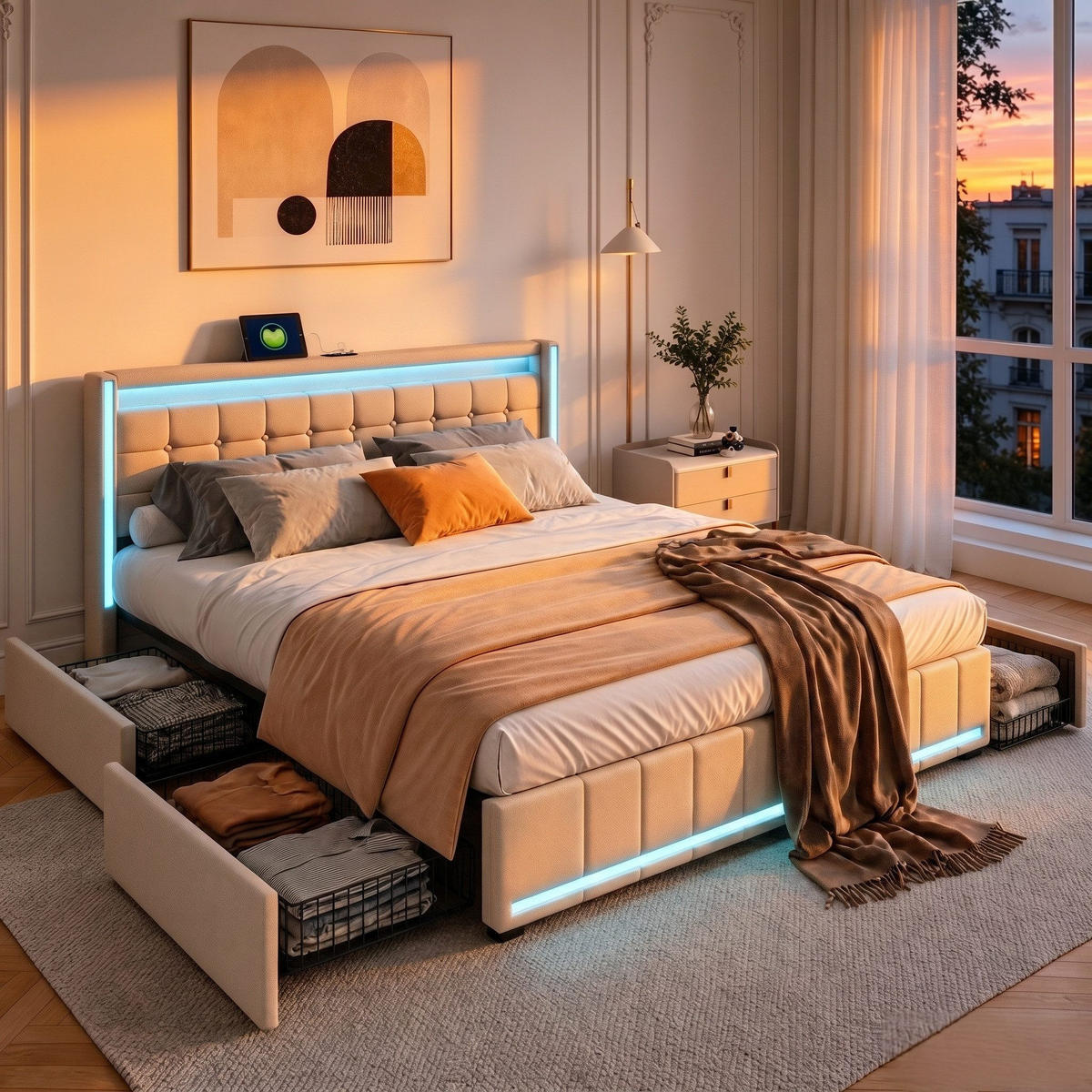 ČALÚNENÁ posteľ 160x200 cm, ľanová, LED, USB Type-C, 4 zásuvky - béžová, kov (160/200cm) - SHOPENTRA