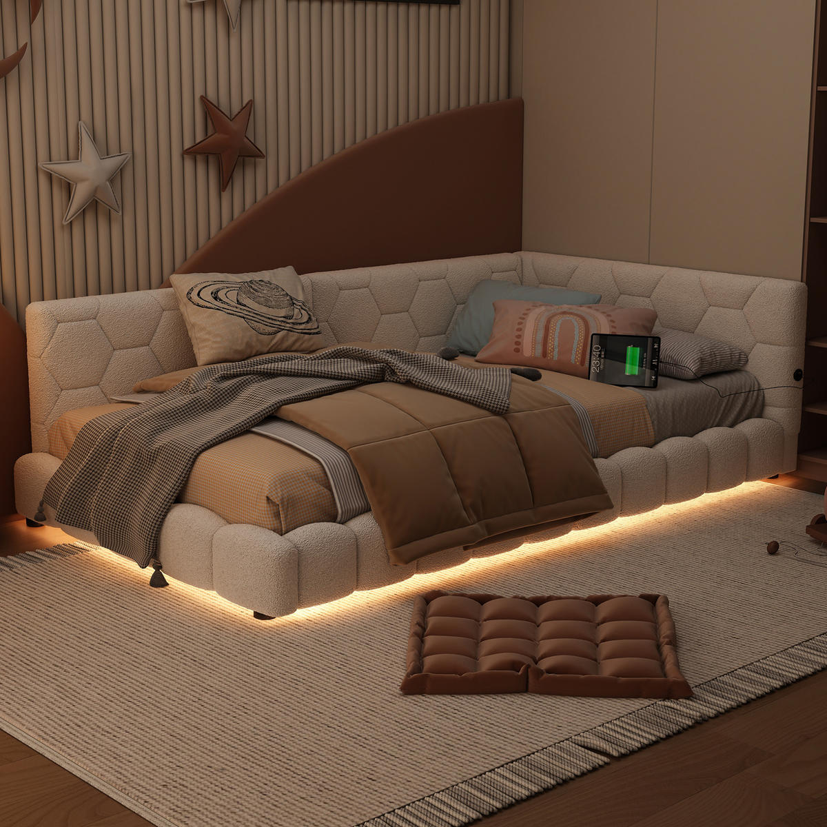 POLSTERBETT aus Samt 90x200 cm in Weiß mit LED & USB-C-Anschluss - Weiß, Textil (90/200cm) - Modfu