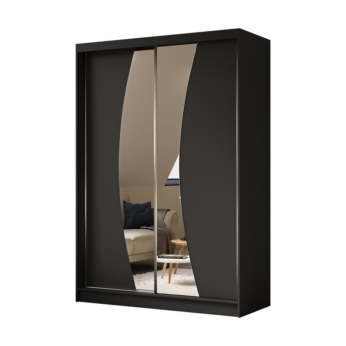 KLEIDERSCHRANK mit Spiegel-Schiebetüren und Aluminium-Leisten, LED-Beleuchtung - VOXI - 150 cm Schwarz - Schwarz, Holzwerkstoff (150/216/61cm) - ALTDECOR
