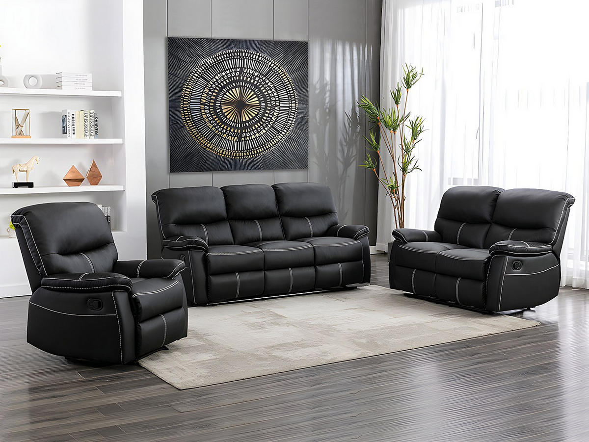 SOFAGARNITUR mit Relaxfunktion - 6 -Sitzer - Kunstleder - schwarz - CANBY - Schwarz, Leder (183/95/90cm) - Vente-Unique