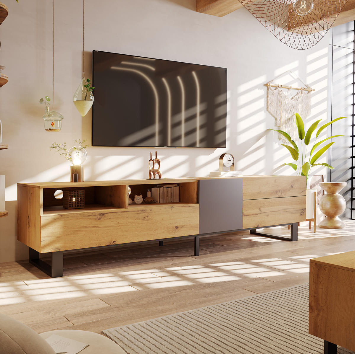 TV-SCHRANK in Eiche und Anthrazit mit Metallfüßen und 2 Schubladen 180/38/50 cm - Eichefarben, Holzwerkstoff (180/50/38cm) - Redom