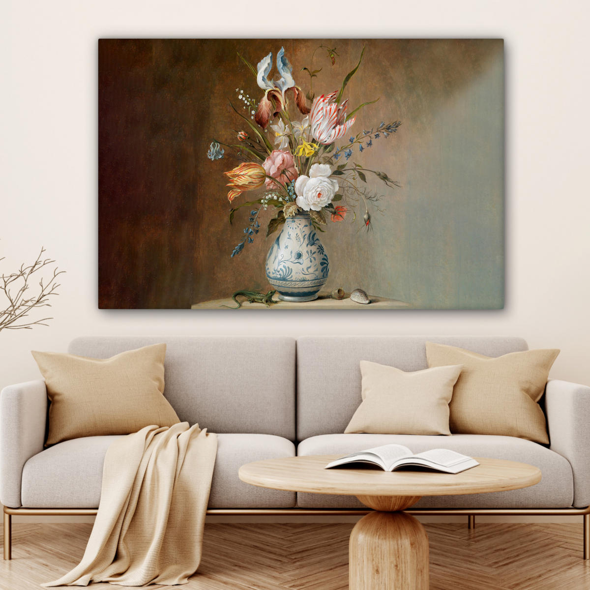 LEINWANDBILD Alte Meister - Blumen - Balthasar van der Ast Wohnzimmer Groß 120x80 cm - Hellbraun, Textil (120/80cm) - MuchoWow