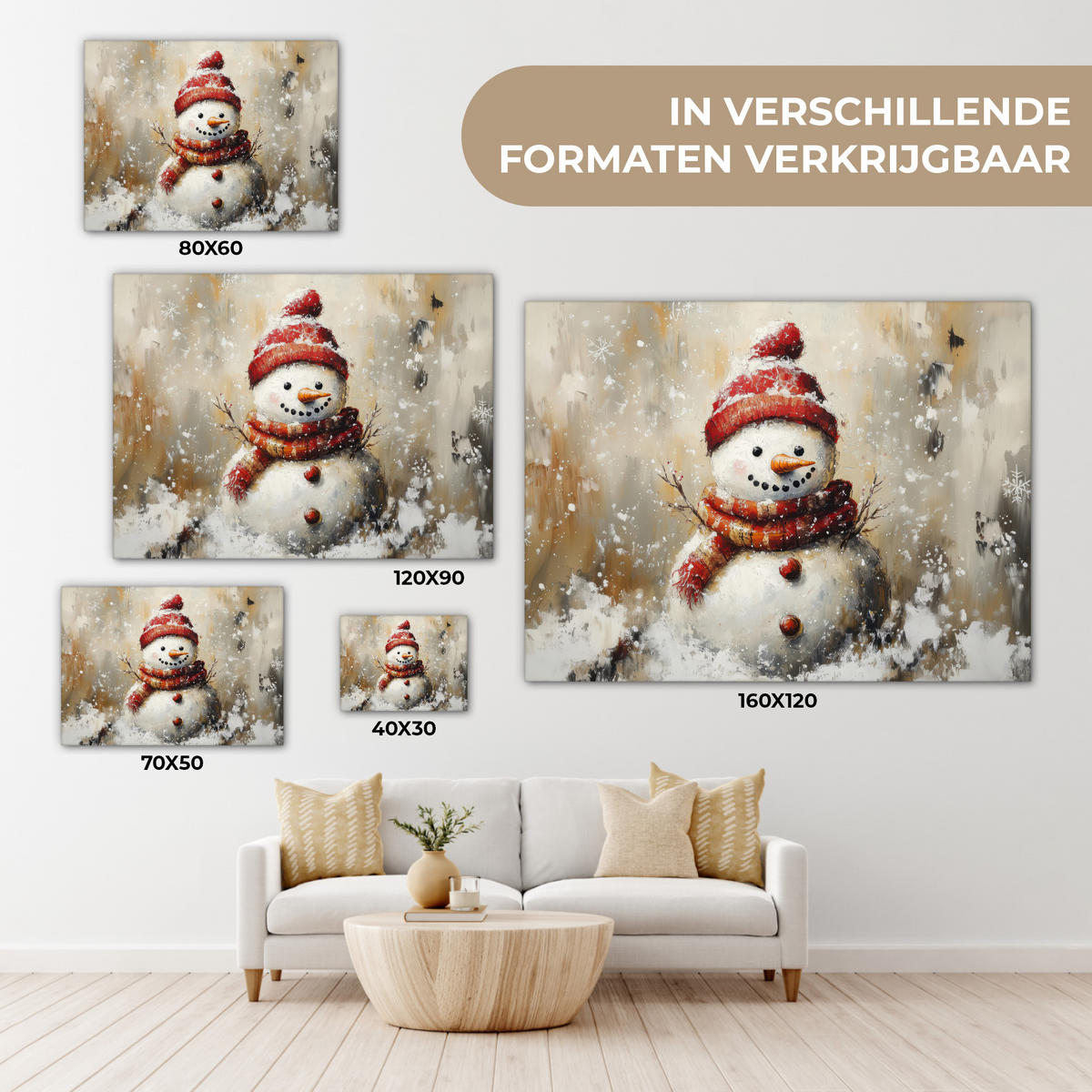 LEINWANDBILD Schneemann - Winter - Schnee - Beige Wandbild 40x30 cm - Weiß, Textil (40/30cm) - MuchoWow