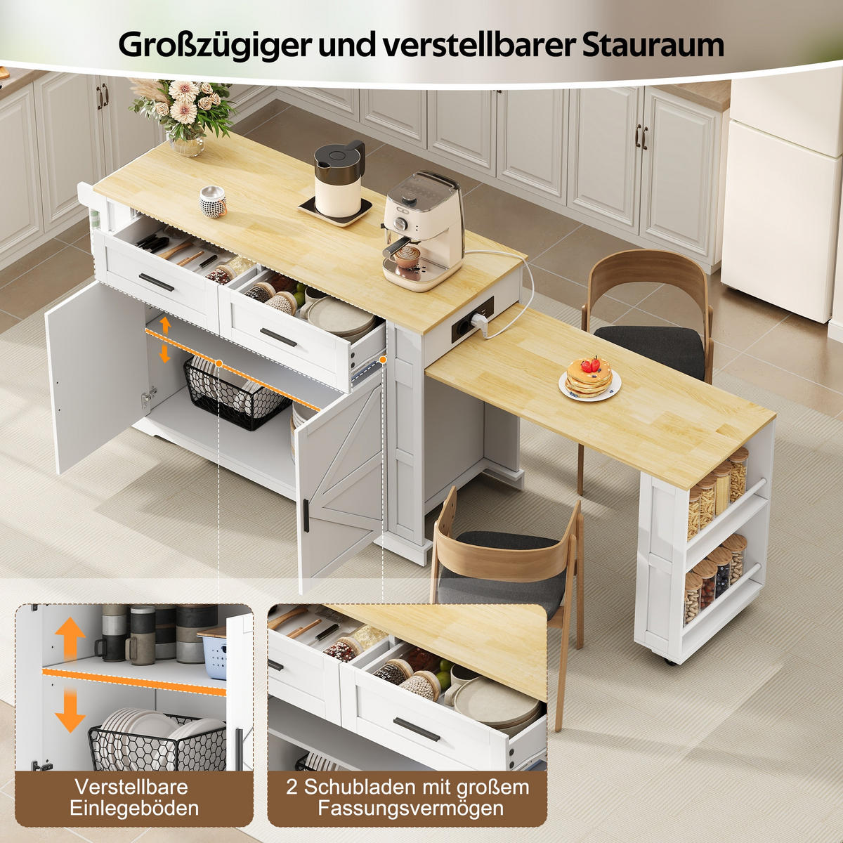 KÜCHENINSEL 130/50/93 cm Weiß mit 2 Schubladen, ausziehbarer Arbeitsplatte und 7 Rollen - Weiß, Holz (50/93/130cm) - Oxeza