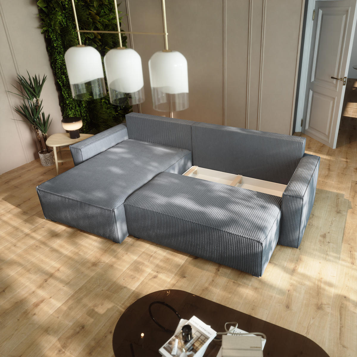 ECKSOFA BESMIR Grau Kordstoff mit Schlaffunktion - Grau, Holz (275/148cm) - MASSENO