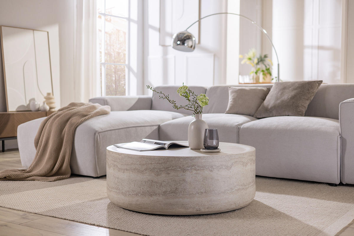 COUCHTISCH - rund - Marmor Hellgrau Dekor - Hellgrau, Glas (90/90/32cm) - home24