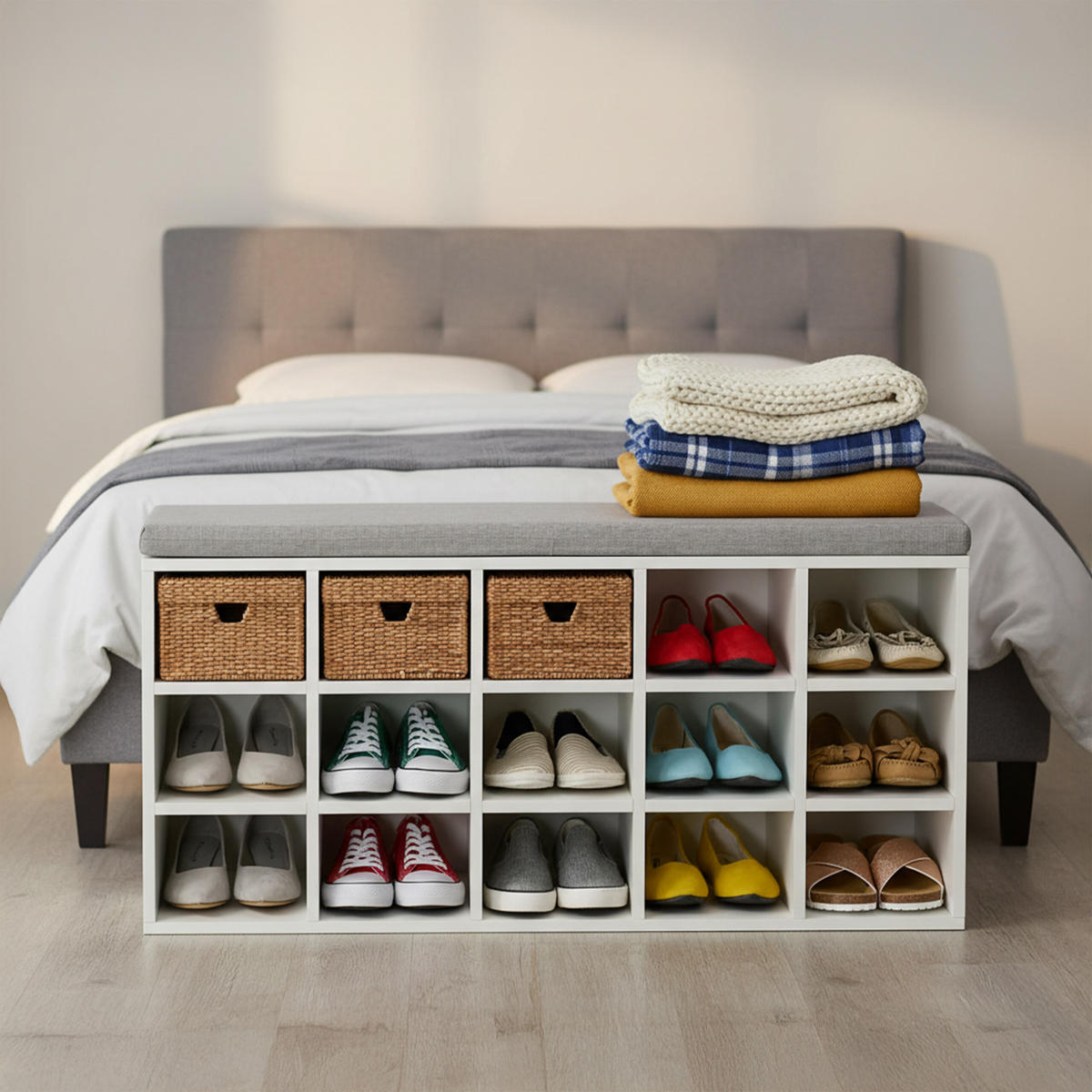 SCHUHBANK - Weiß/Grau, Holz/Holzwerkstoff (105/48/30cm) - Relaxdays