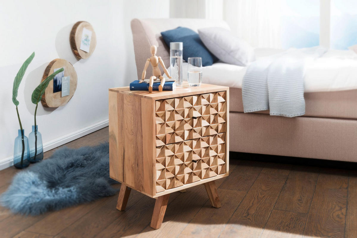 NACHTTISCH – Massivholz, 2 Schubladen, handgefertigt, moderner Landhausstil - Beige, Holz/Metall (44/61/35cm) - KADIMA DESIGN