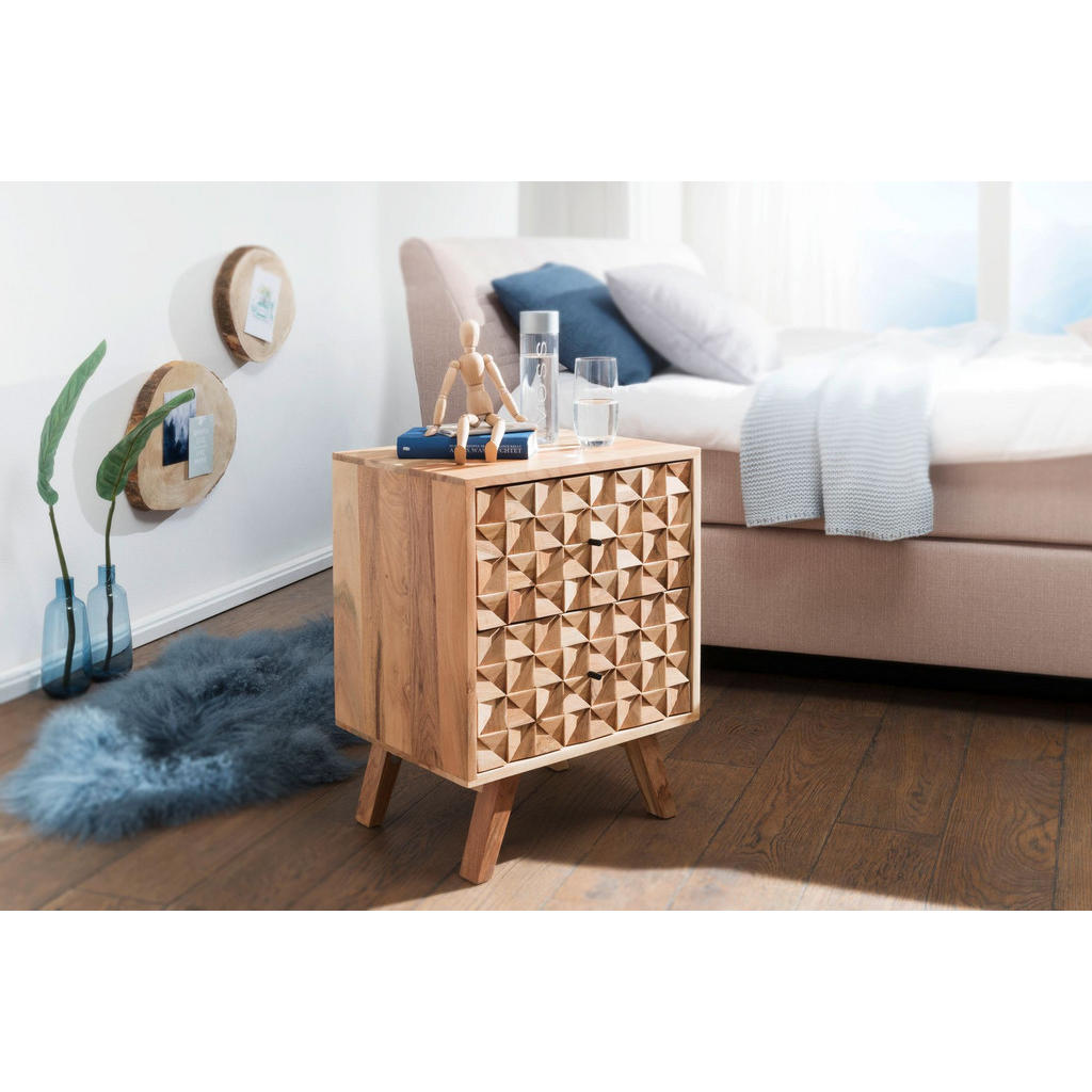 Thumbnail - Kadima Design Nachttisch, Beige, Metall, Echtholz,Akazie, 2 Schubladen, Rechteckig,Rechteckig, 44x61x35 cm, Schlafzimmer...
