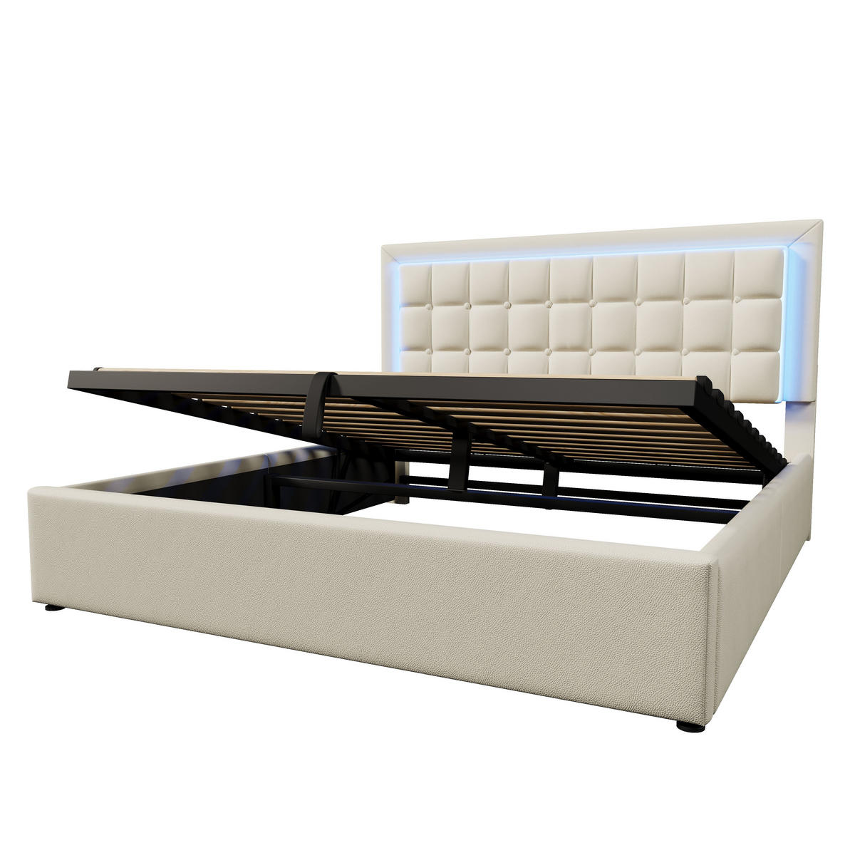 KLÄDD SÄNG 180/200 cm i vit PU med LED-belysningslist - Vit, Trä/Textil (180/200cm) - KOMHTOM