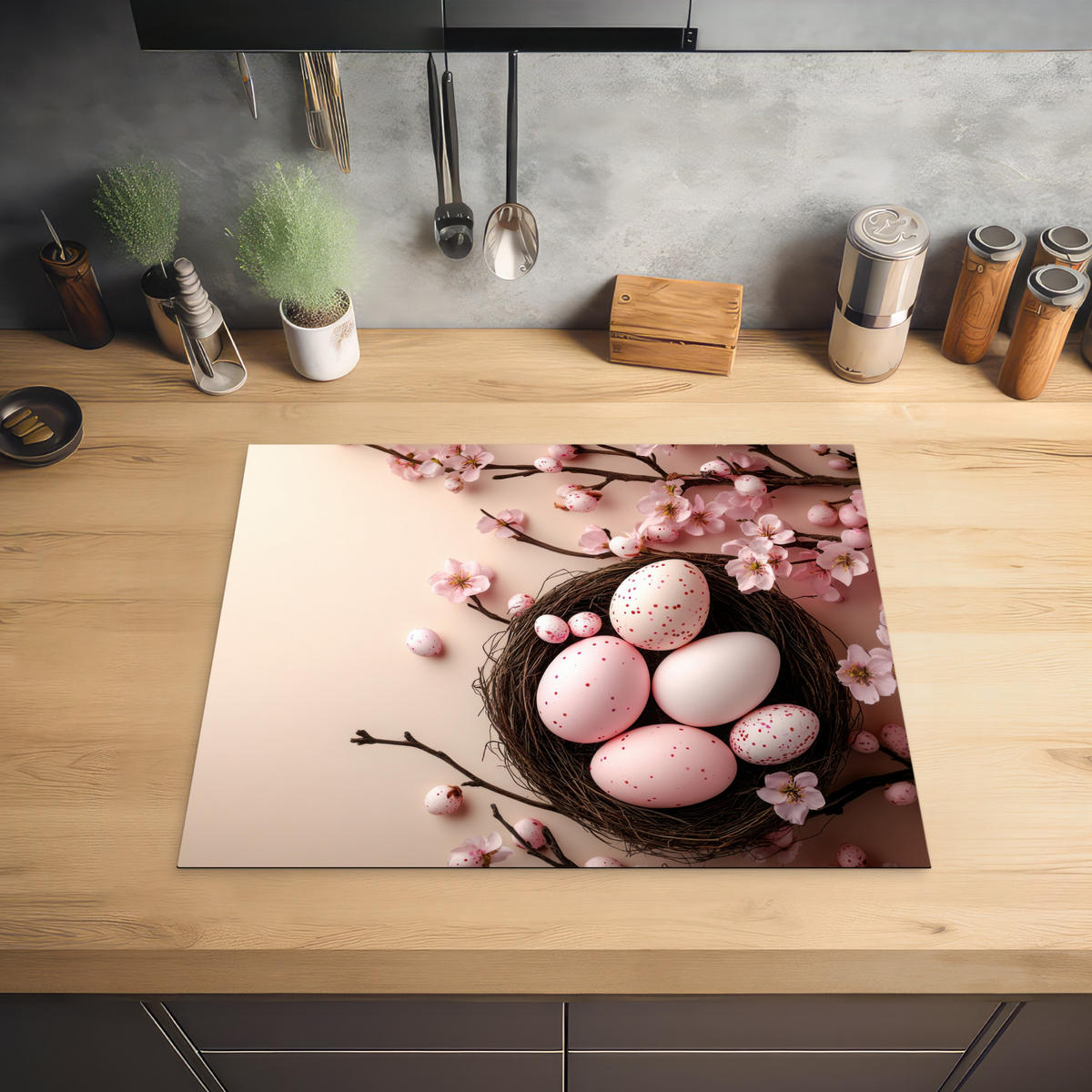 HERDABDECKPLATTE Rosa - Blüten - Eier Herdabdeckung Induktionsfeld 65x52 cm - Hellrosa, Kunststoff (65/52/0.2cm) - MuchoWow
