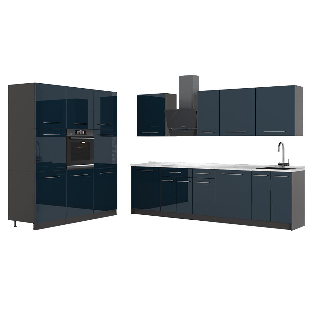 KÜCHENZEILE Fame-Line, Dunkelblau Hochglanz/Anthrazit, 460 cm, AP Marmor - Anthrazit/Dunkelblau, Holzwerkstoff (460/206.8/60cm) - Vicco