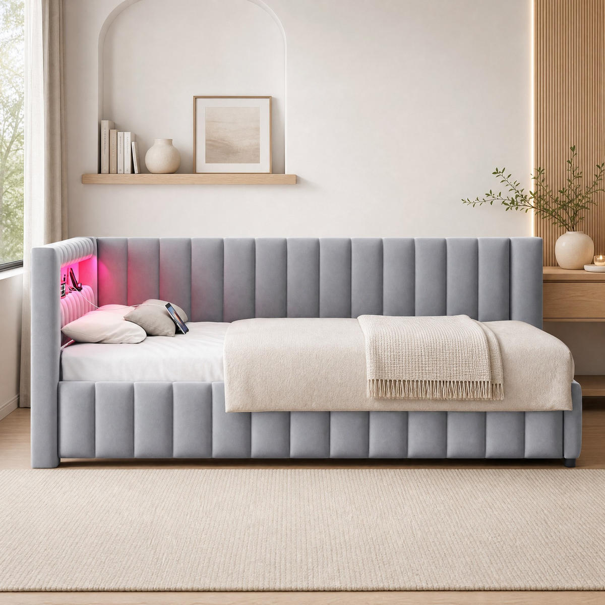POLSTERBETT 140/200 cm aus Samt mit LED-Licht und USB, Grau - Grau, Textil (140/200cm) - OKMYHOME