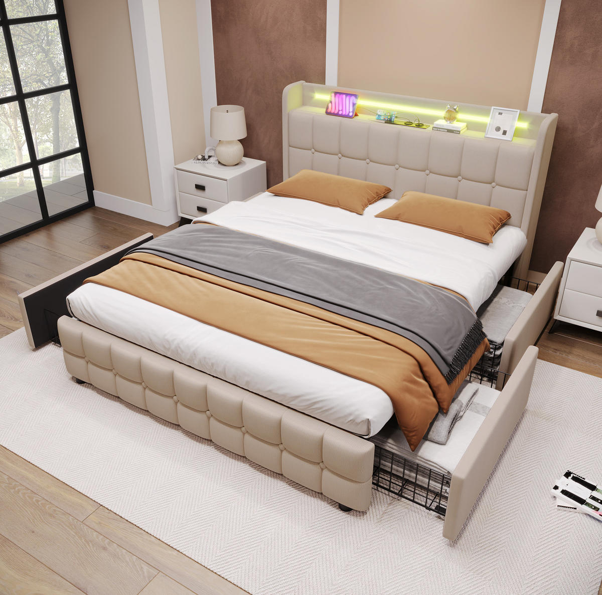 ČALOUNĚNÁ postel 180x200 cm béžová z dřeva s USB nabíjením, LED osvětlením a 4 zásuvkami - béžová, kompozitní dřevo (180/200cm) - OKWISH