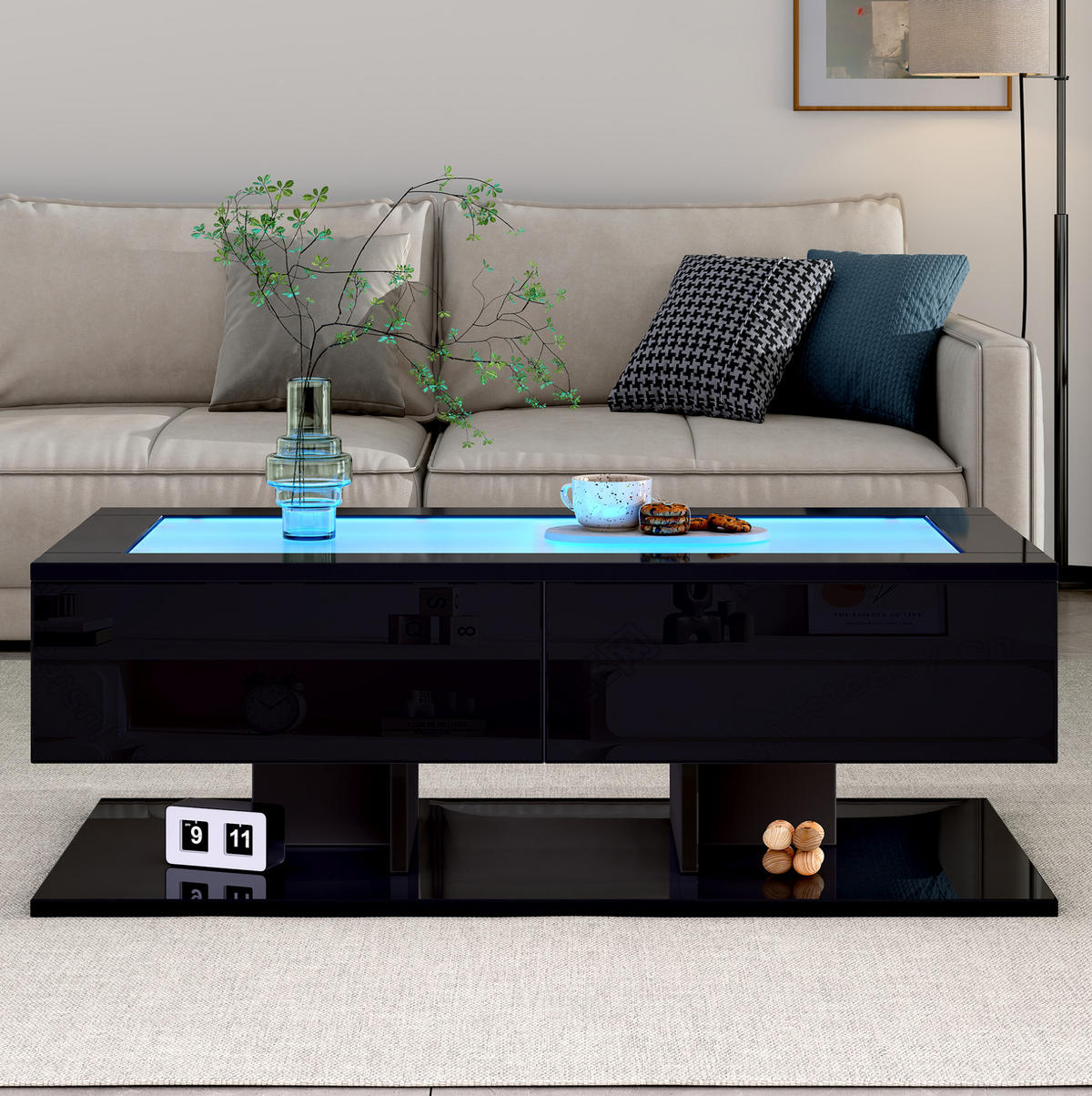 COUCHTISCH 100/50/35 cm in Schwarz mit LED-Beleuchtung und 2 Schubladen - Schwarz, Holzwerkstoff (100/50/35cm) - Flora Grace