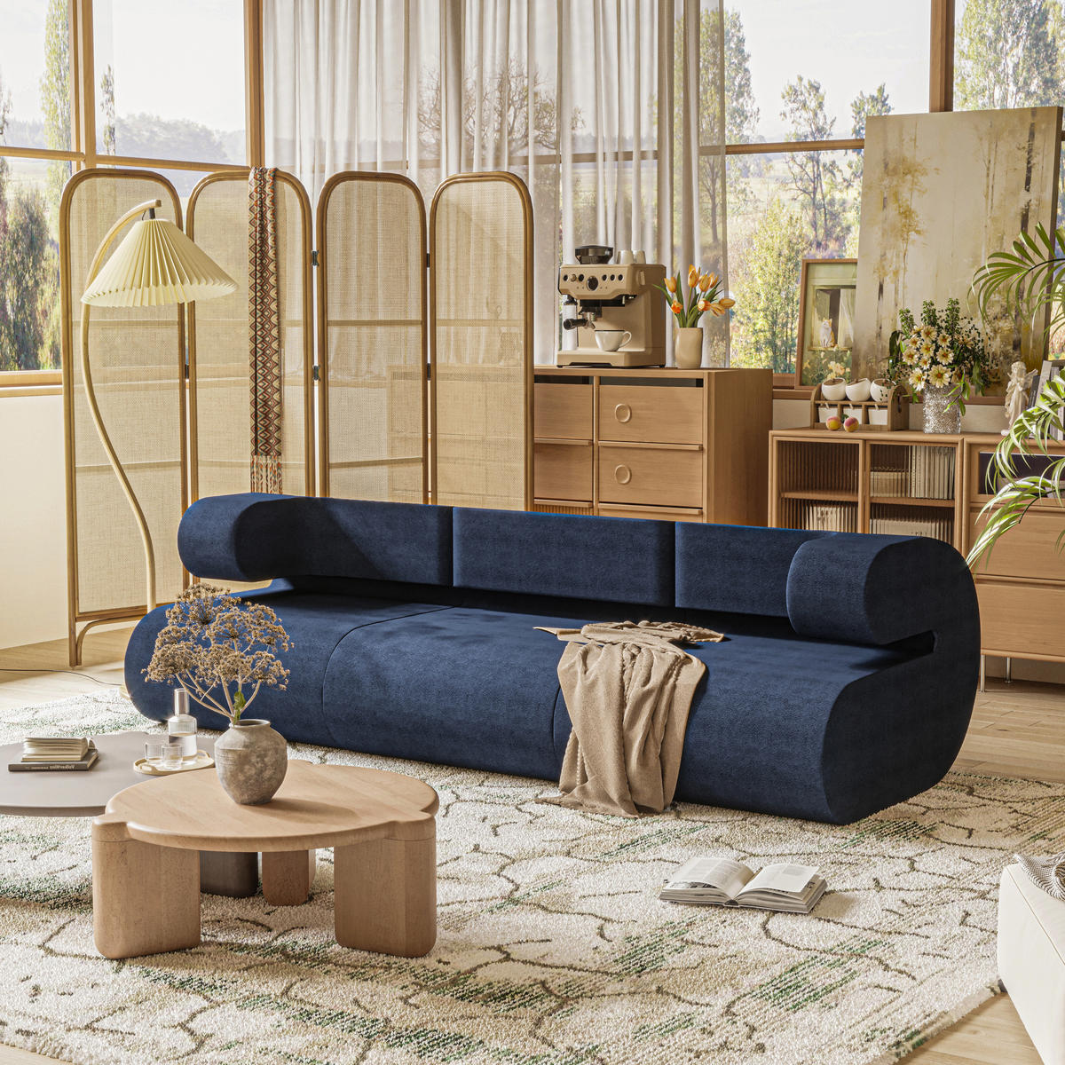 SOFA Modulares Sofa Kommaform Blau Mittlere Rückenlehne - Blau, Textil (76/66/90cm) - Vercart