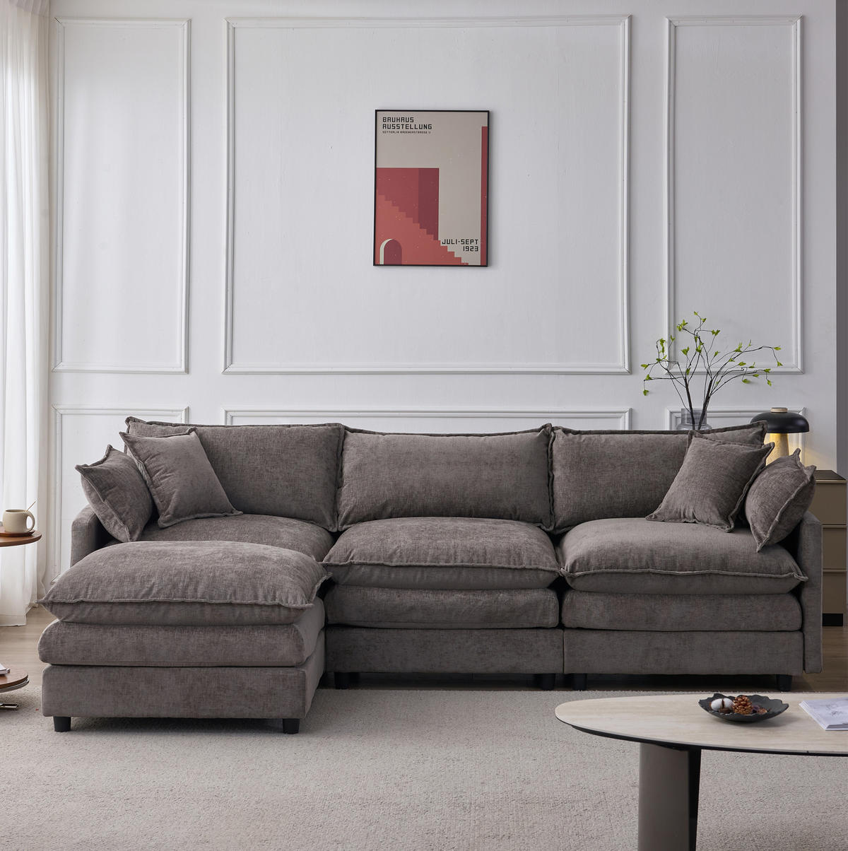 ECKSOFA 267/154/85 cm Grau aus Chenille mit modularer Ottomane - Grau, Textil (154/267cm) - OKWISH