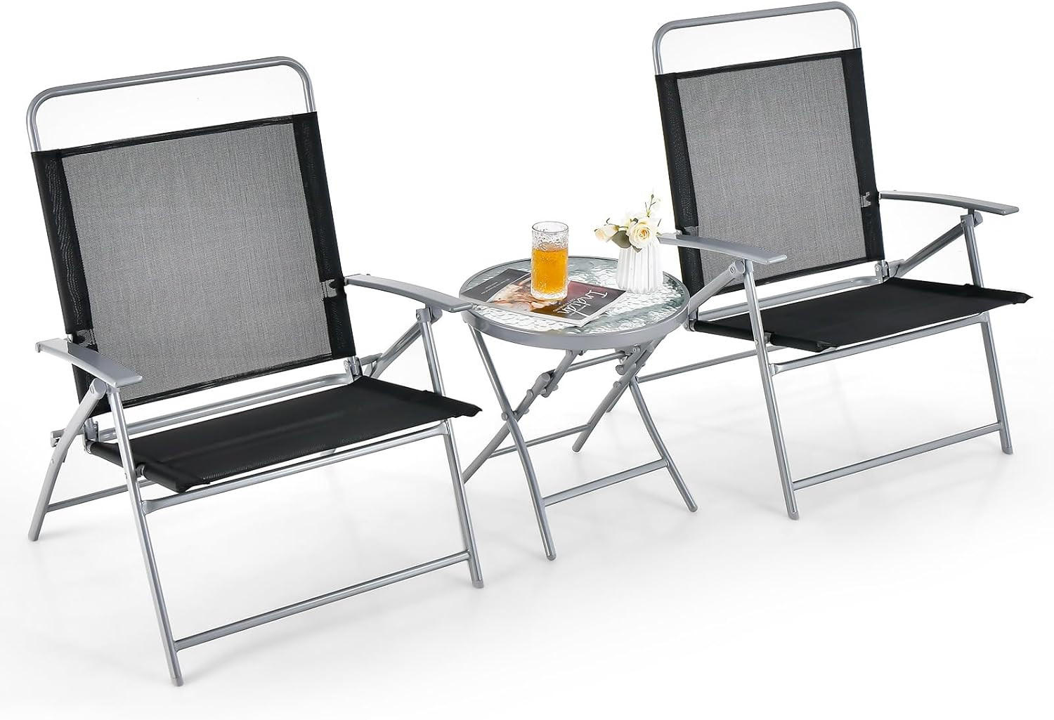 BALKONSET Klappbar Schwarz(3-teilig) - Schwarz, Metall - COSTWAY