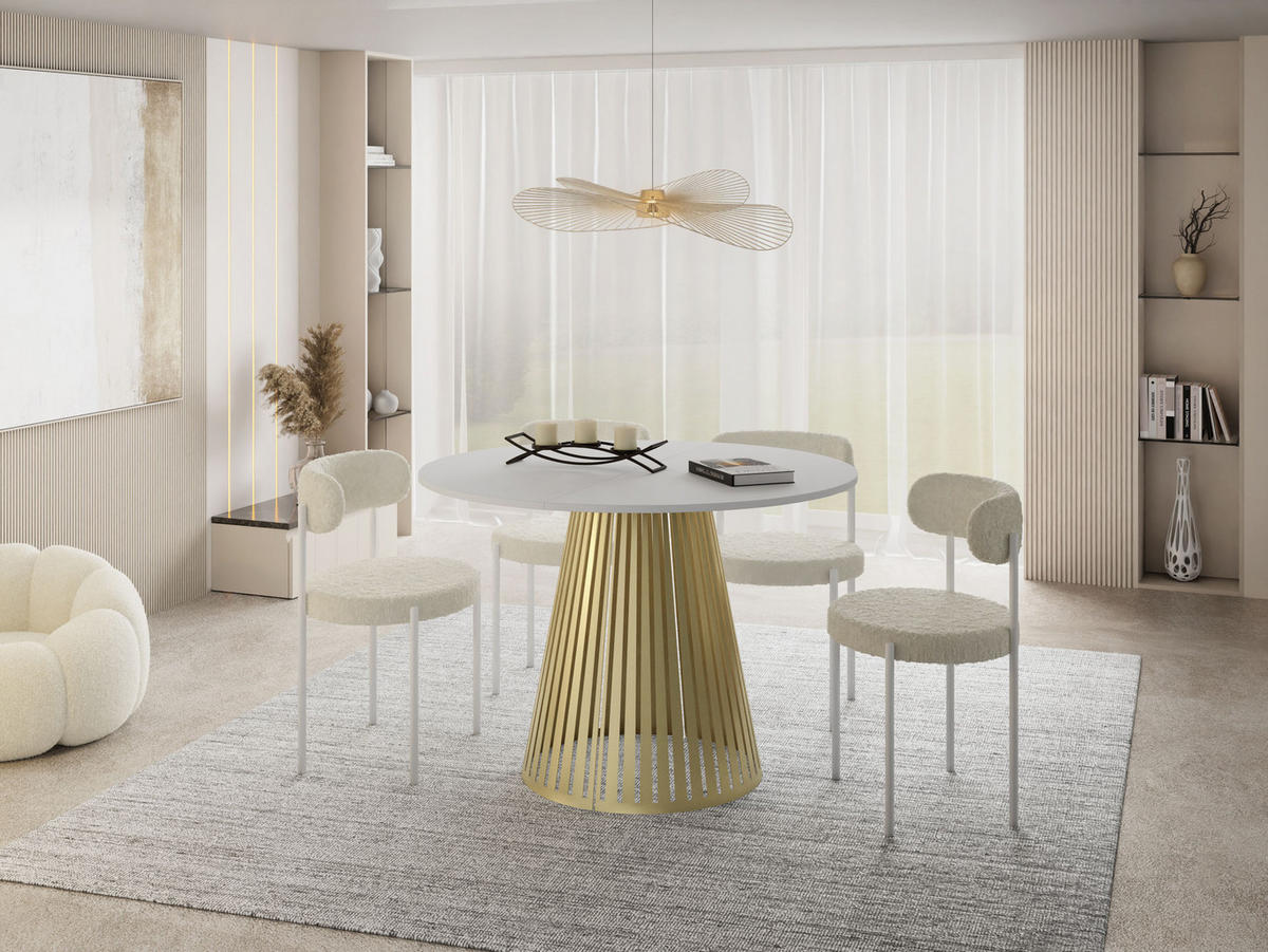 ESSTISCH Naro rund ausziehbar mit Goldenem Lamellen-Metallgestell, Weiß 120-200/120/76 cm - Goldfarben/Weiß, Holzwerkstoff/Metall (120/120/76cm) - WFL GROUP