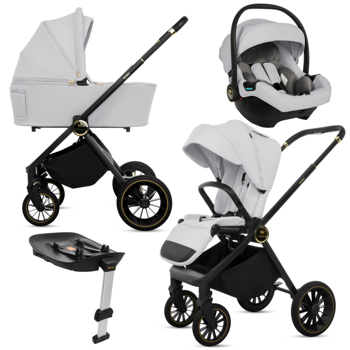 KINDERWAGEN Rosso 4in1 Silber Babywanne, Reisebuggy, Autositz, Isofix Basis - Silberfarben/Schwarz, Textil/Metall (58/98cm) - BabyLux
