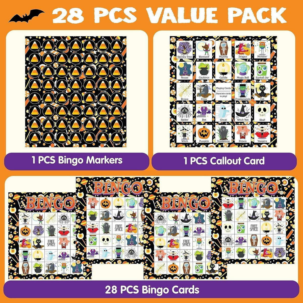 BINGO-SPIELSET Halloween 28 Spieler - Multicolor, Karton (16.6/17.6cm)
