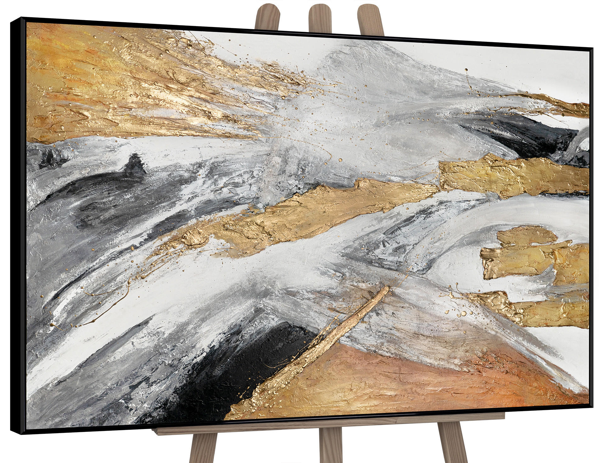 GEMÄLDE Goldene Symphonie II Schattenfugenrahmen Schwarz 140x100 cm - Schwarz, Holz (140/100cm) - YS-art gallery