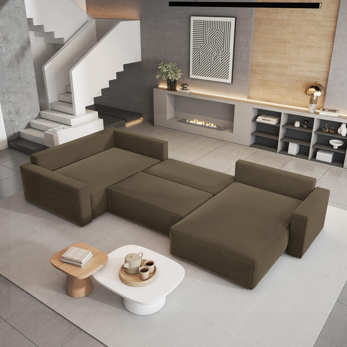 WOHNLANDSCHAFT VELAMI L-S Beige Velours-Stoff mit Schlaffunktion - Beige, Holz (365/83/194cm) - MASSENO