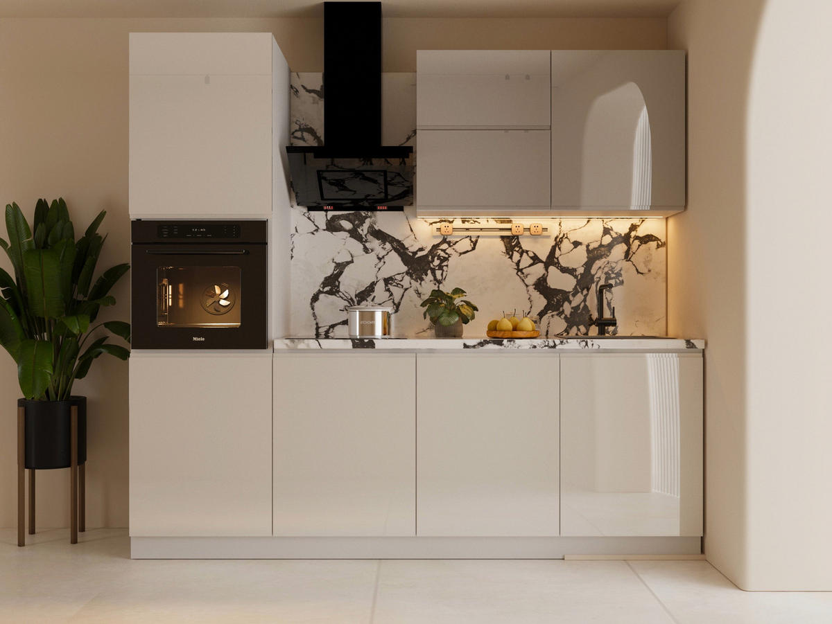 KÜCHENZEILE 240 cm Glanzia – KU-S03 – Weiß / Grau – Hochglanz - Weiß Hochglanz/Grau, Holzwerkstoff (240/212/60cm)