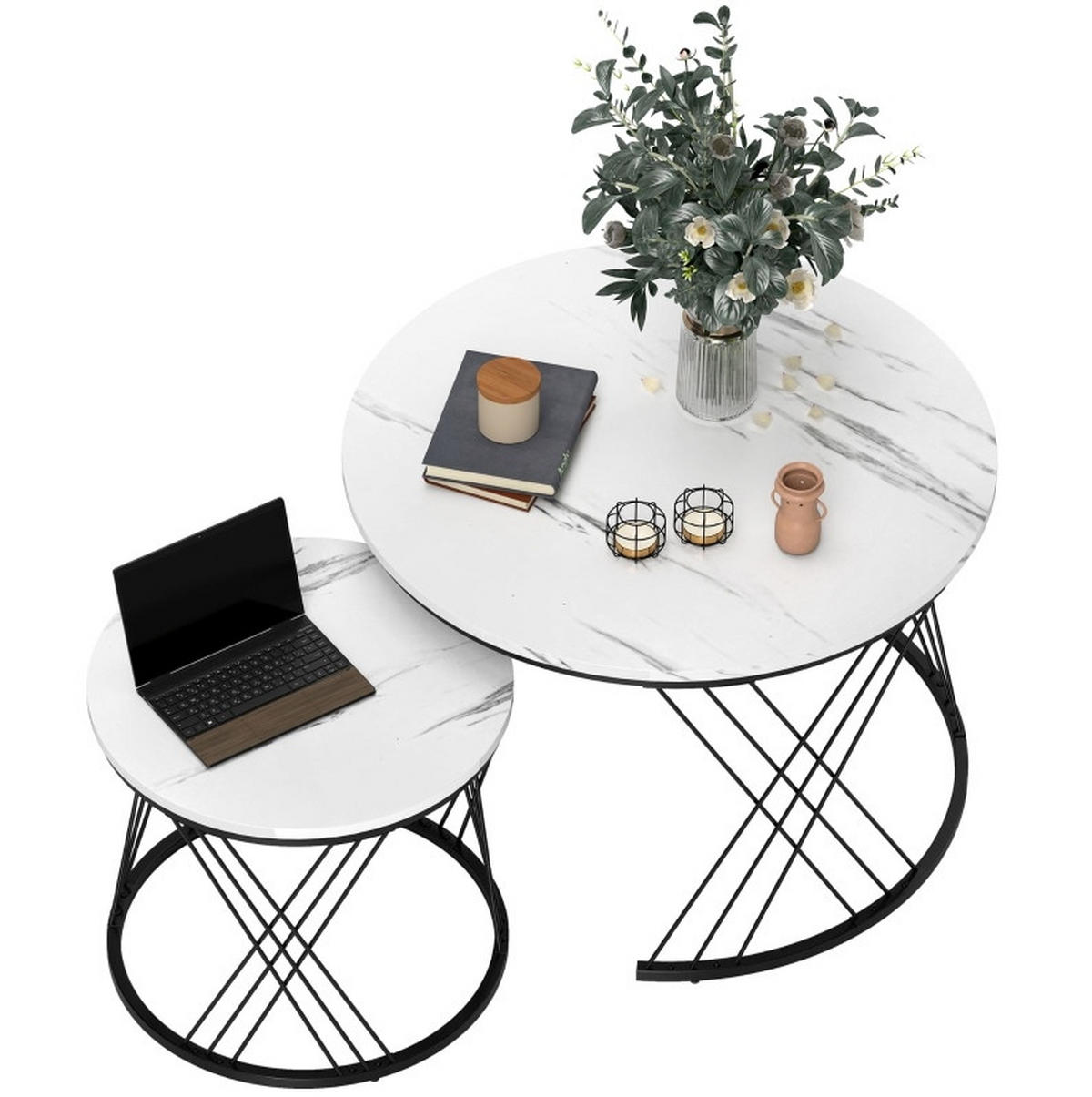 COUCHTISCH-SET 70/70/46,5 cm und 44,5/44,5/39 cm ineinanderstellbar in Marmoroptik mit Metallgestell, Weiß - Weiß, Holzwerkstoff (70/70/46.5cm) - Redom