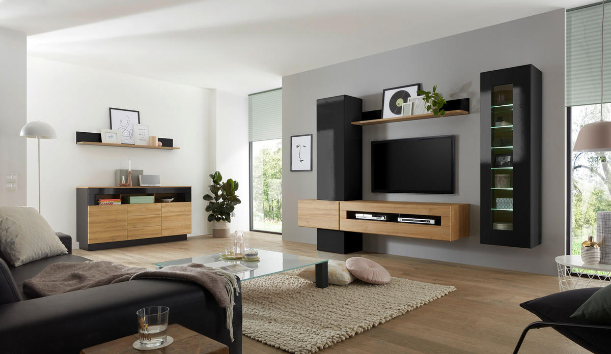 SIDEBOARD M14 Schwarz Hochglanz & Grandson Oak hell 149/85/43 cm mittel - Schwarz Hochglanz/Eichefarben, Holzwerkstoff (149/85/43cm) - Livojo
