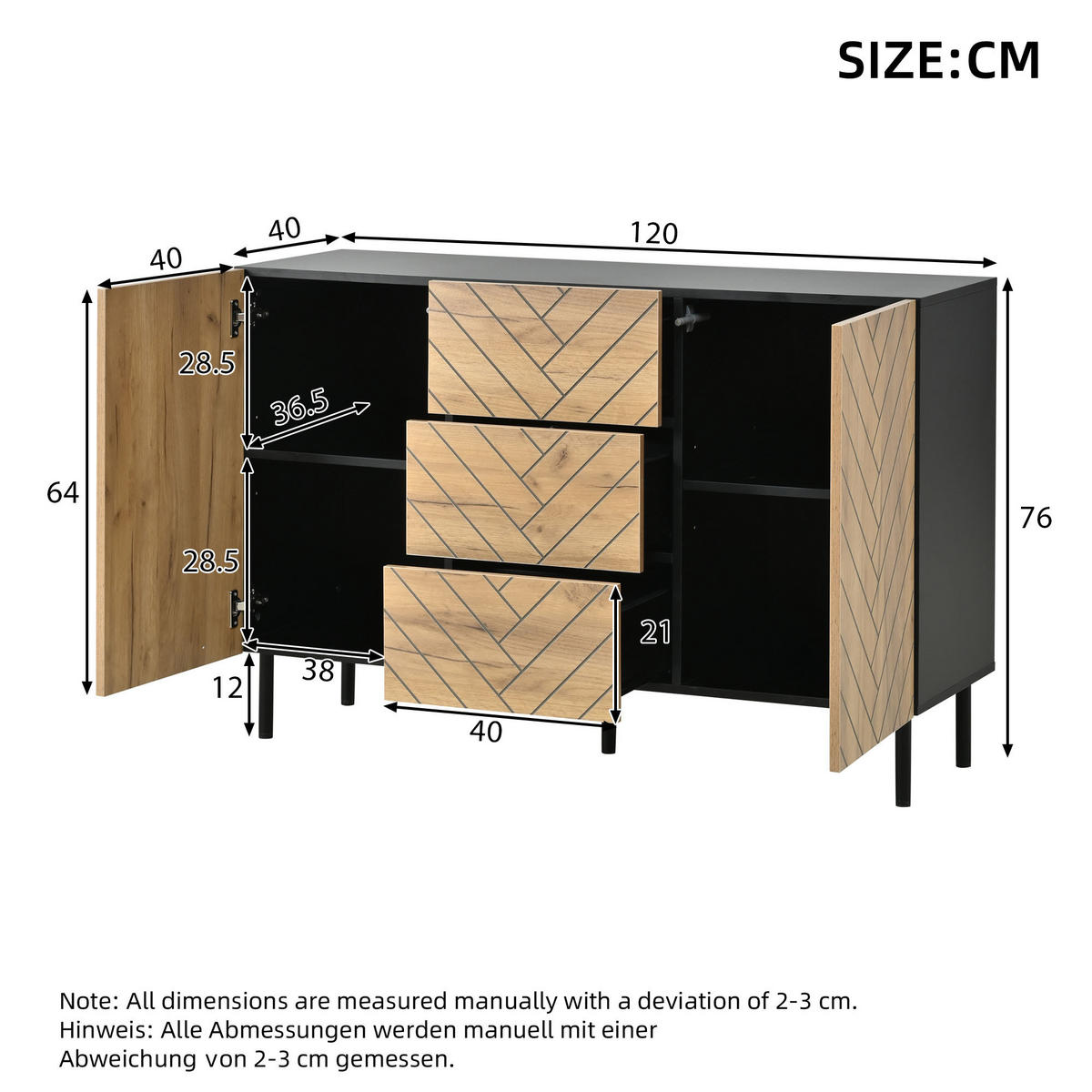 SIDEBOARD 3 Schubladen 2 Türen 120cm Stauraumschrank Modern - Naturfarben, Holzwerkstoff (120/76/40cm) - FLIEKS