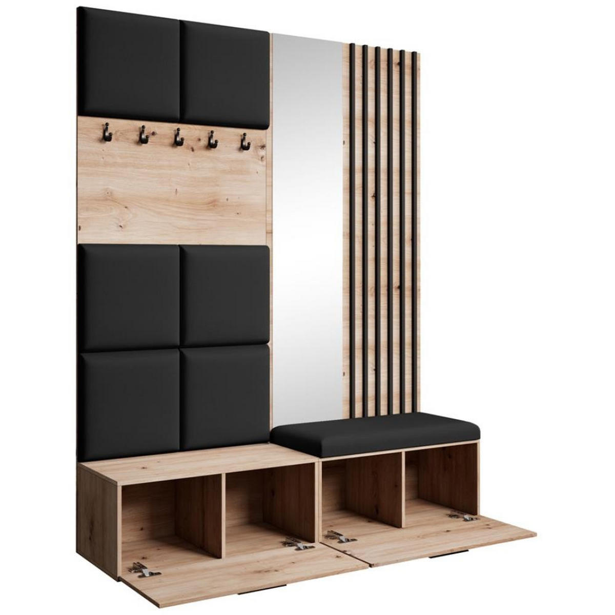 GARDEROBE Margaret I+II 162/203/43 mit gepolsterten Paneelen/Lamellen/Spiegel - Schwarz/Eiche Artisan, Holzwerkstoff/Kunststoff (162/203/43cm) - Beautysofa