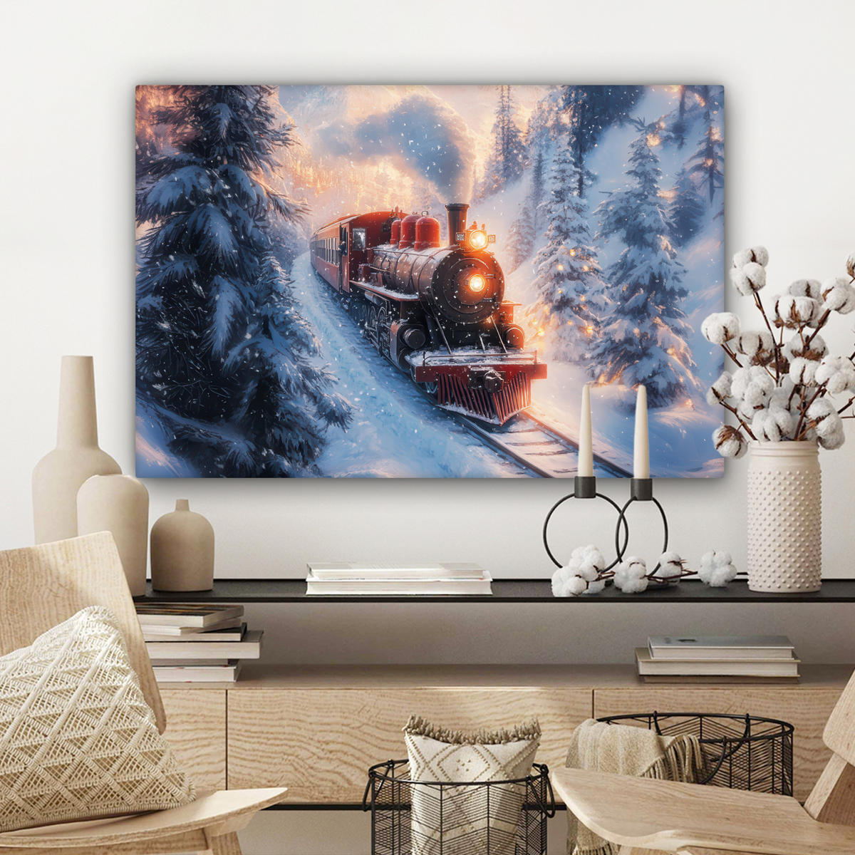 LEINWANDBILD Weihnachtszug - Schnee - Winter - Weihnachten Wanddeko 90x60 cm - Dunkelrot, Textil (90/60cm) - MuchoWow