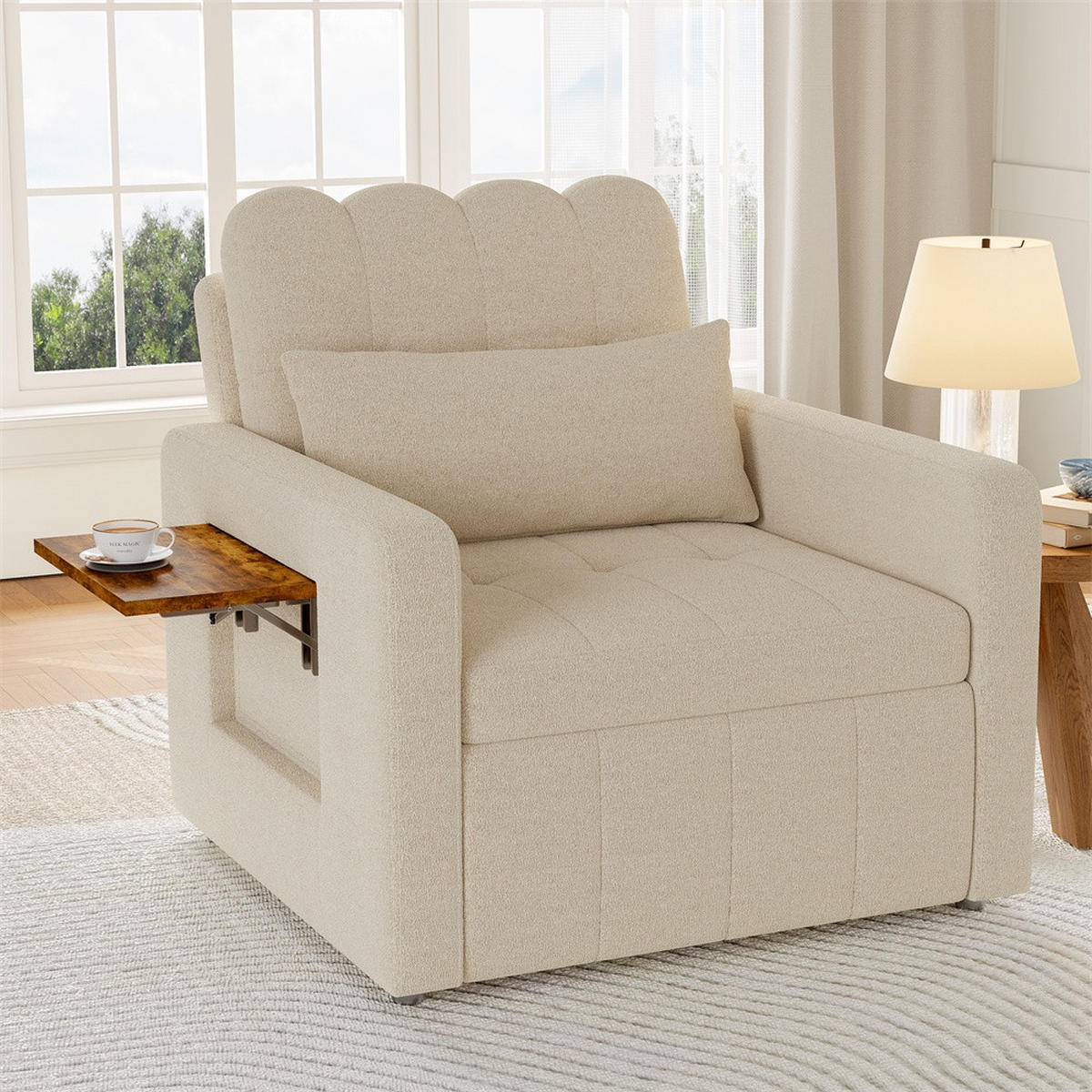 SCHLAFSESSEL mit klappbarem Ablagetisch und Seitentasche - Beige - Beige, Textil (85/86/108cm) - DELFA