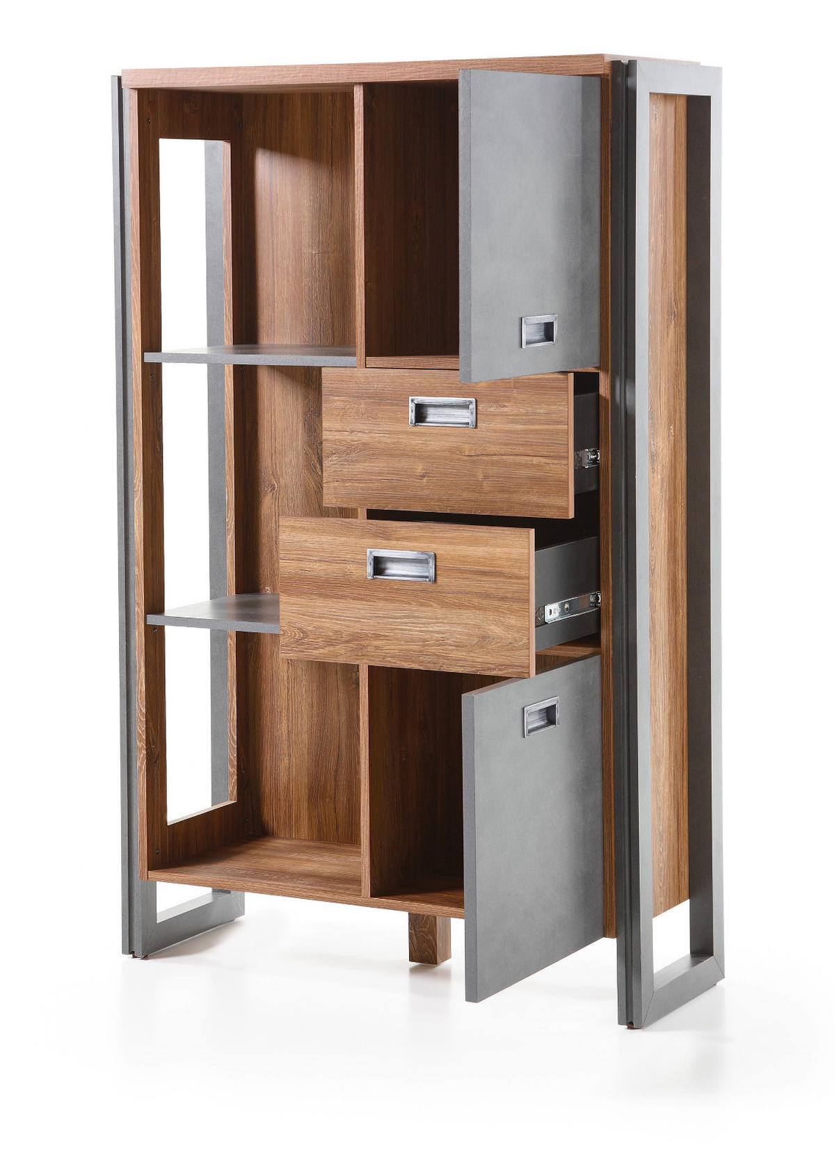 WOHNWAND Eiche Stirling, Matera grau, Schrankwand 4-teilig 336 x 202 cm - Eichefarben/Silberfarben, Holzwerkstoff/Metall (340/202/39cm) - Furn.Design