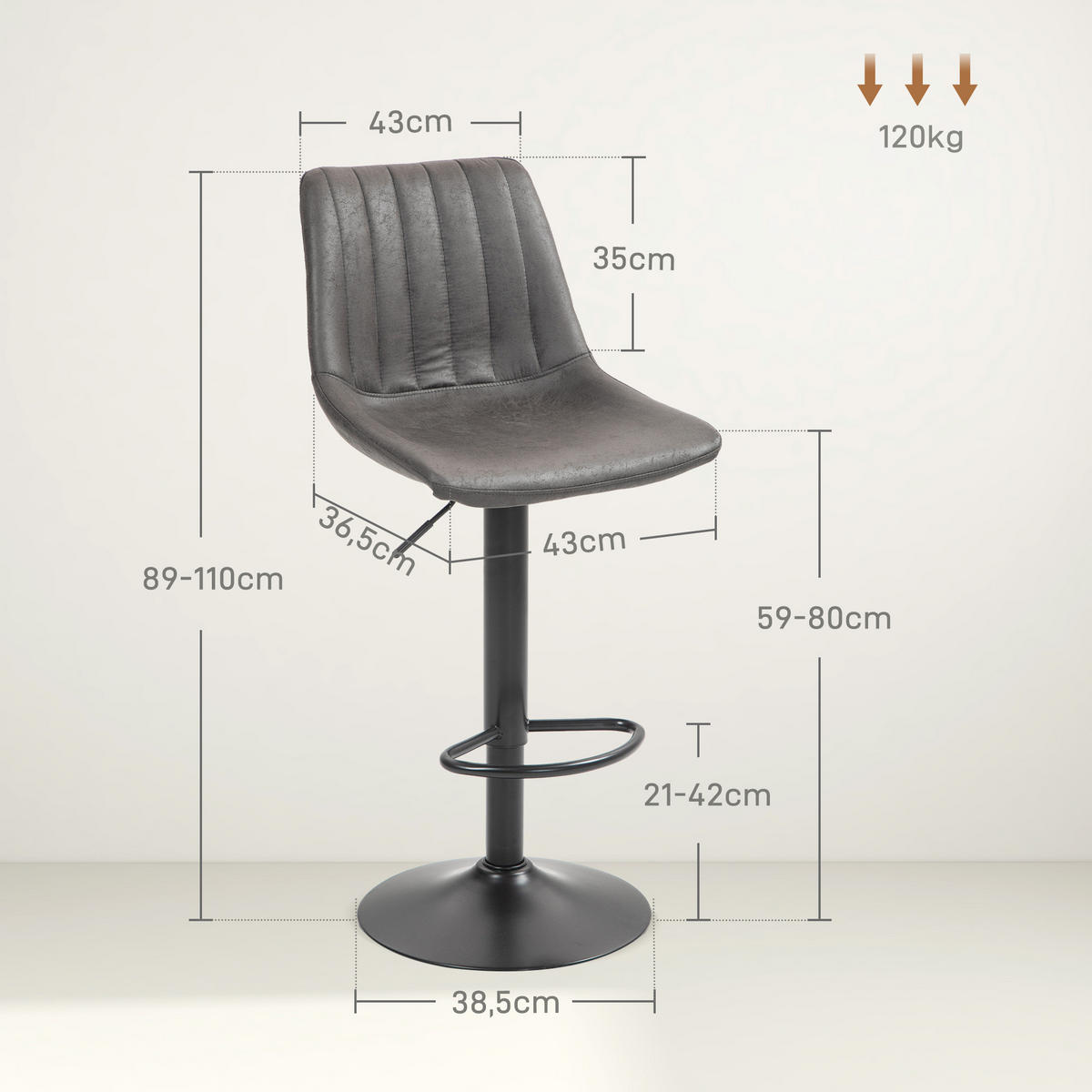 BARHOCKER Mikrofasertuch, Metall Dunkelgrau - Dunkelgrau/Schwarz, Textil/Metall (43/110/46.5cm) - HOMCOM