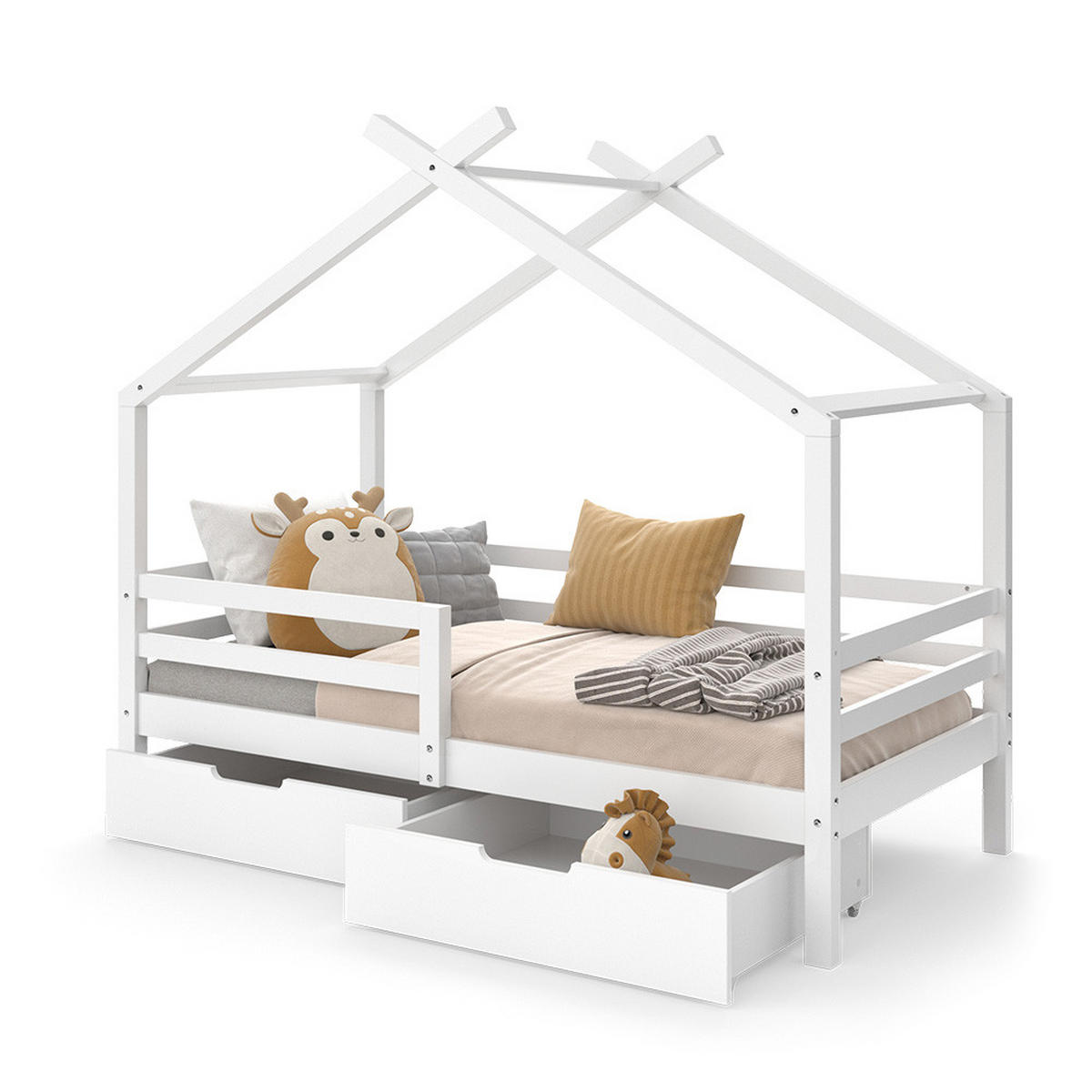 HAUSBETT Luni Weiß 160 x 80 cm mit Aufbewahrungskästen - Weiß, Holz - VitaliSpa