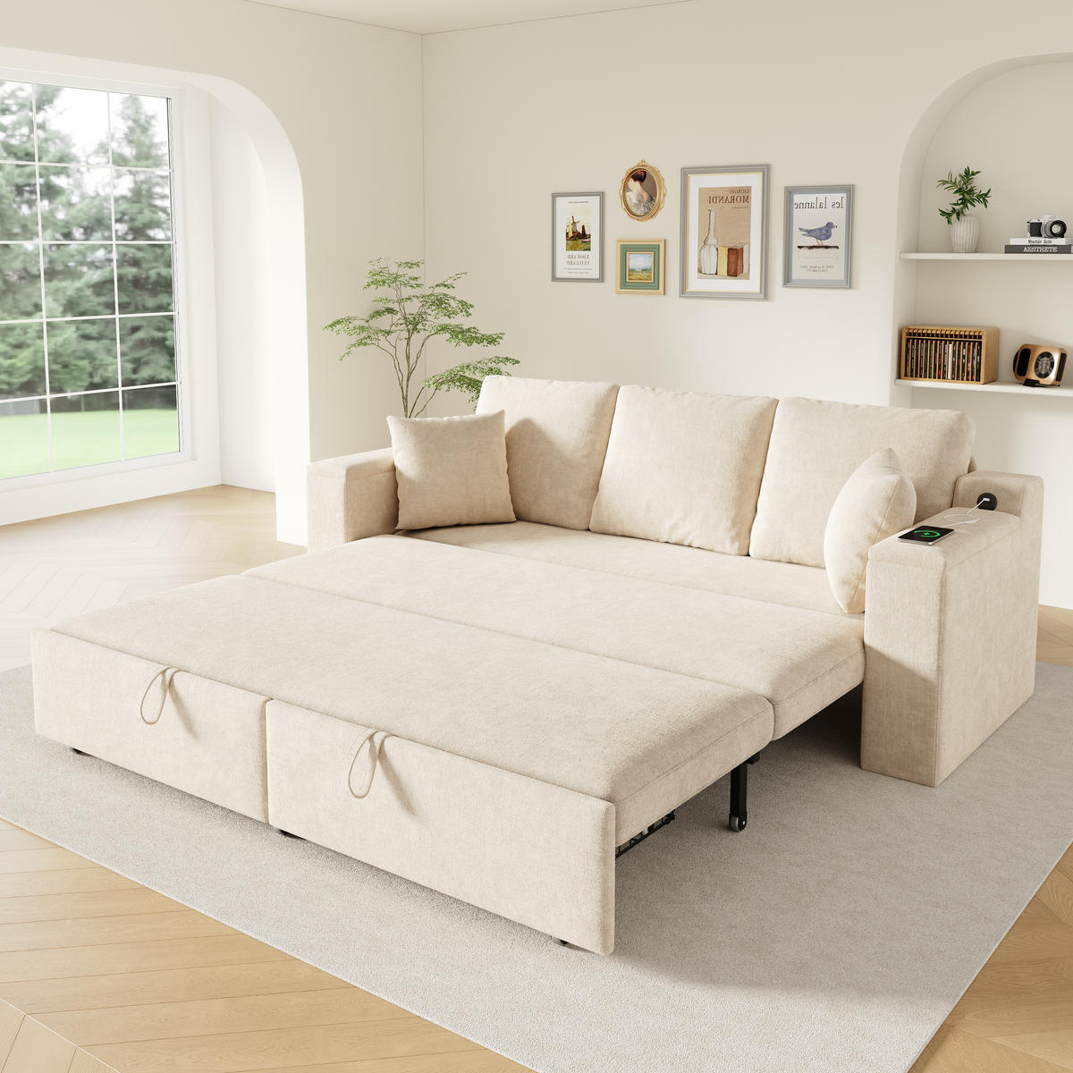 SCHLAFSOFA mit Schlaffunktion, Stauraum, USB & Type-C in Beige - Beige, Textil (210.5/93/192cm) - EVRYAE