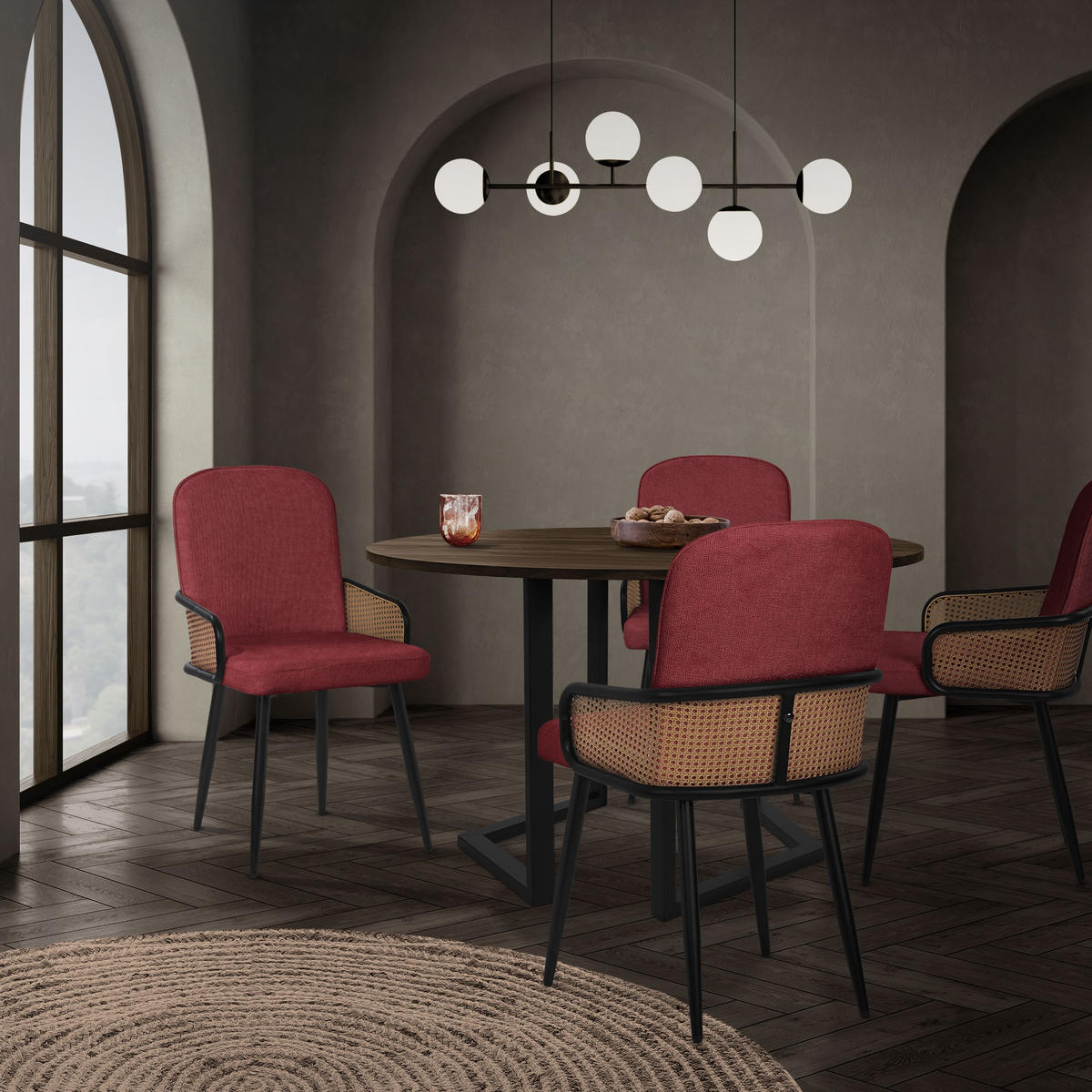 ESSZIMMERSTÜHLE 6er Set Rot mit Stoffbezug Rattan Optik - Rot/Schwarz, Naturmaterialien/Textil (51/91/61cm) - ML-DESIGN