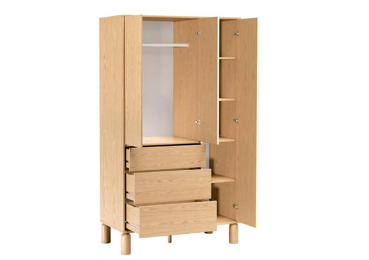 KLEIDERSCHRANK Sanden Ecihe, dreitürige Drehtürenschränk mit Schubladen - Eichefarben, Holzwerkstoff (110/197/55cm) - Bettso