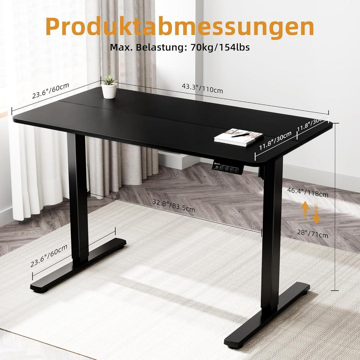 SCHREIBTISCH elektrisch höhenverstellbar 110 x 60 cm Schwarz - Schwarz, Metall (110/60/122cm)