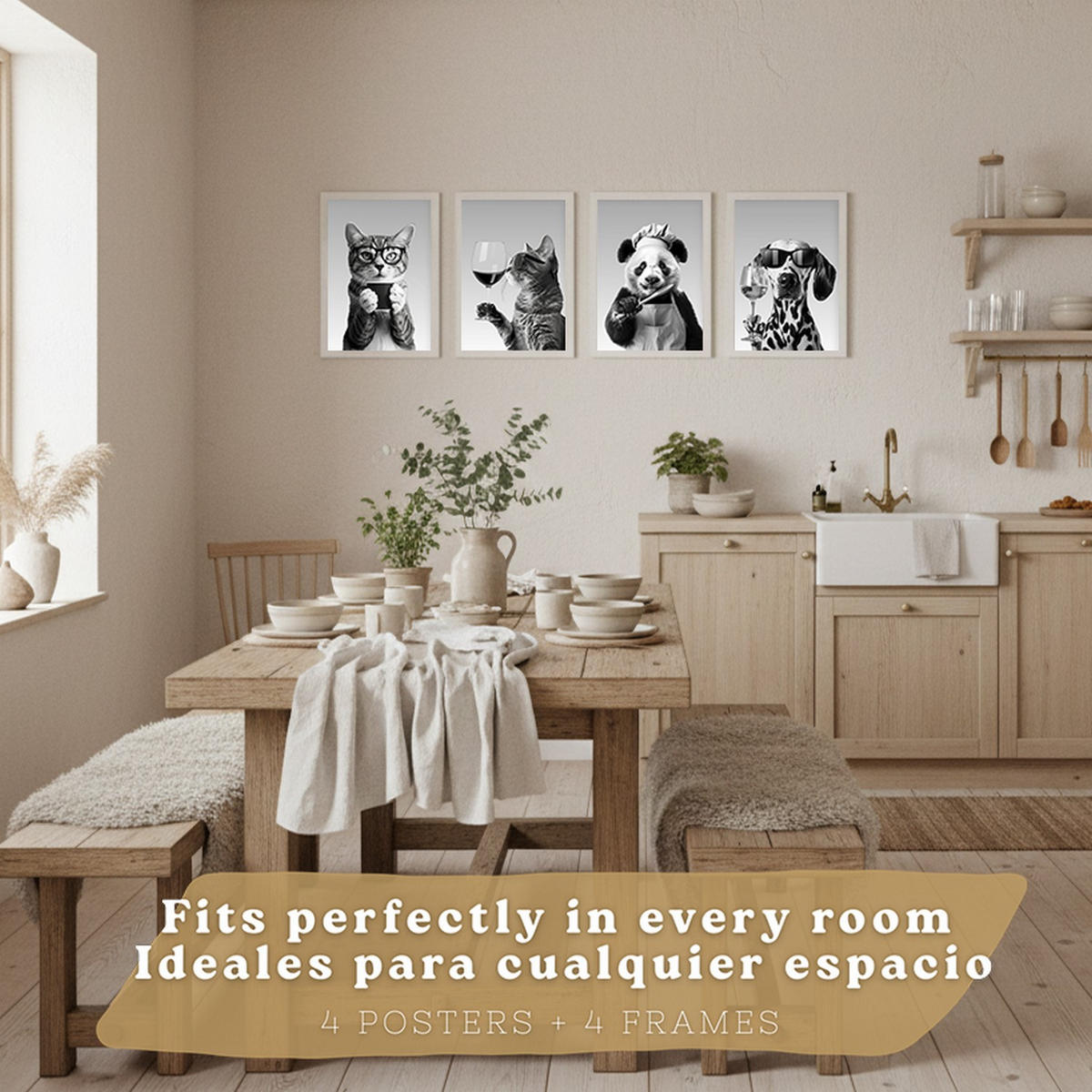 PLAKAT Sada 4 Byn Animals A4 Bílý rám - bílá, papír (29.7/1/21cm) - Nacnic
