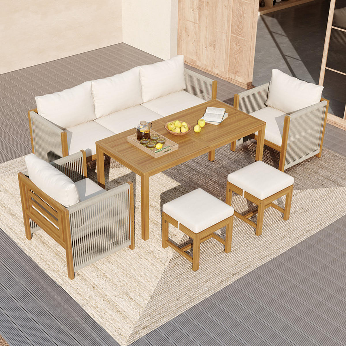 GARTEN-ESSGRUPPE BEIGE 6-teilig mit 3er-Sofa Akazien-Tisch inkl. Kissen - Beige, Textil - BLACKCUP