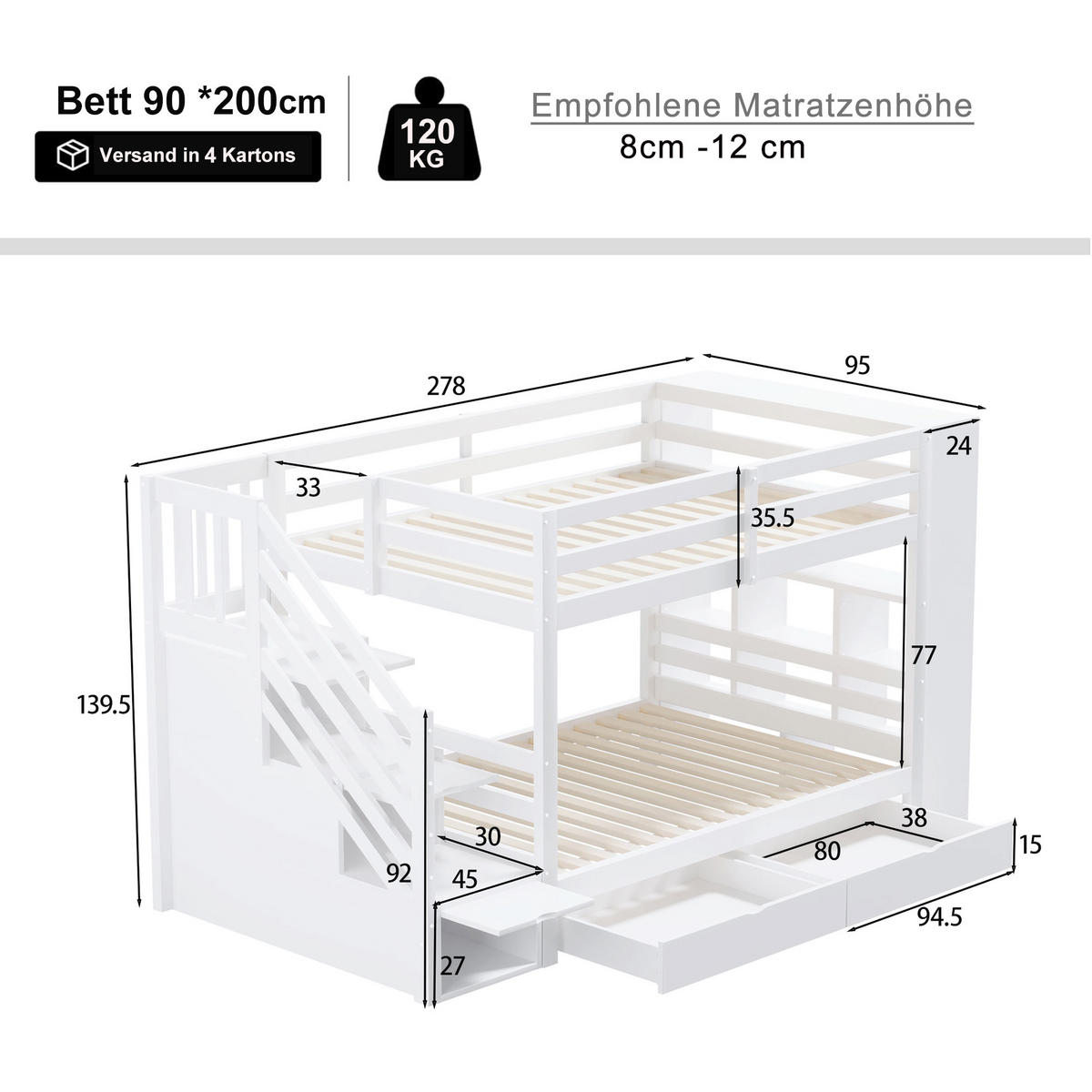 BETT Etagenbett 90x200 Weiß/Grau - Weiß, Holz (90/200cm) - ComfortXL