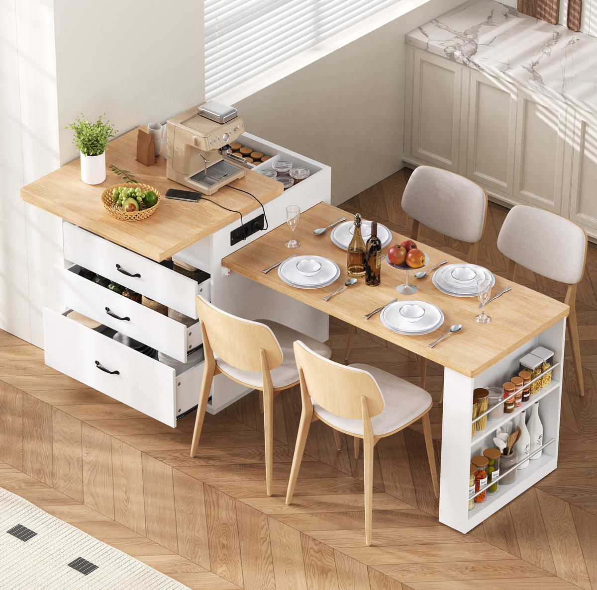 KÜCHENINSEL 125,5-187,5/71/93 cm aus MDF mit ausziehbarer Tischplatte und LED-Beleuchtung Weiß - Weiß, Holzwerkstoff (125.5/93/71cm) - Modenvie