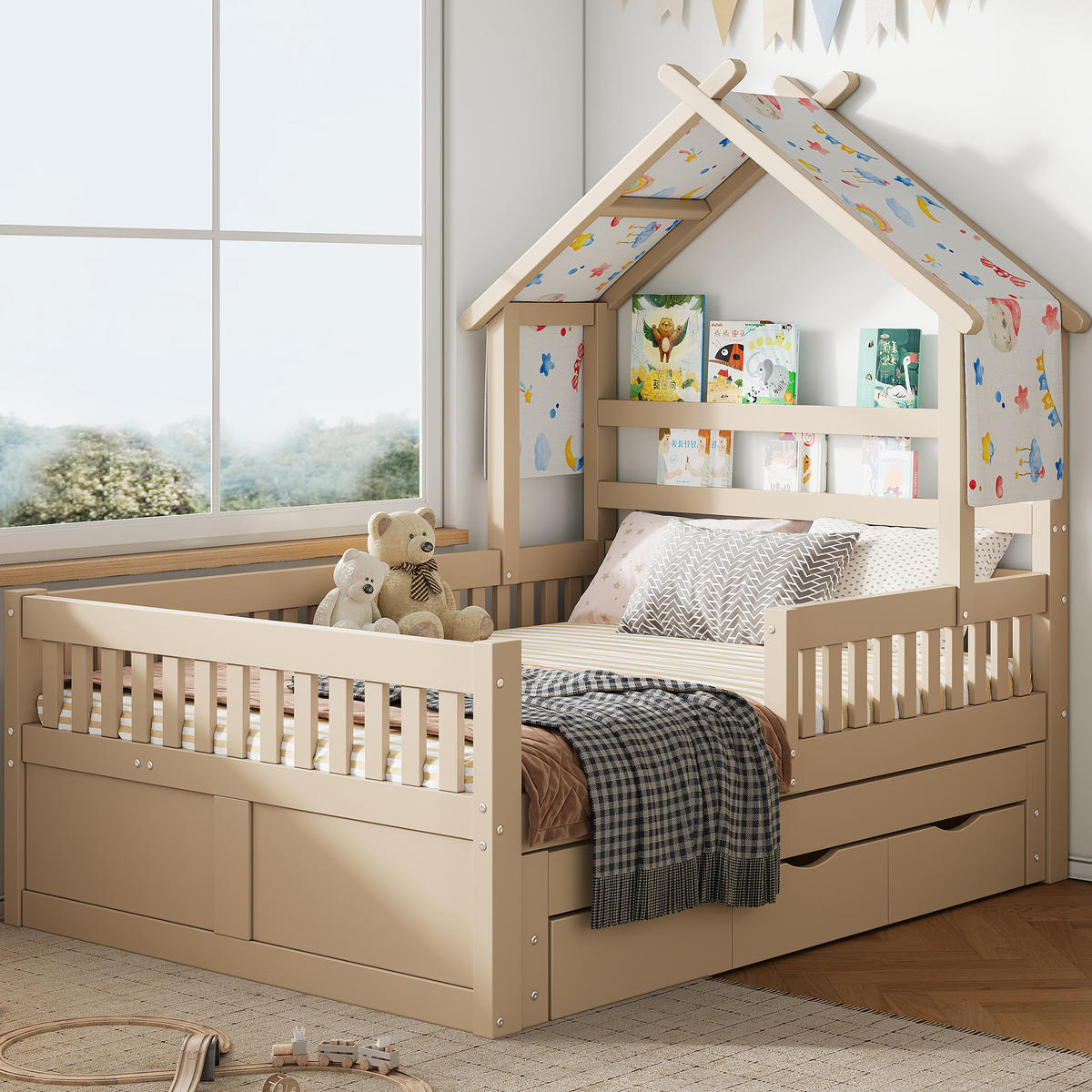 BETT 140/200 cm in Cream aus Kiefer, MDF und Sperrholz mit Ausziehbett, 3 Schubladen und Schutzgitter - Creme, Holz/Holzwerkstoff (140/200cm) - WISHDOR