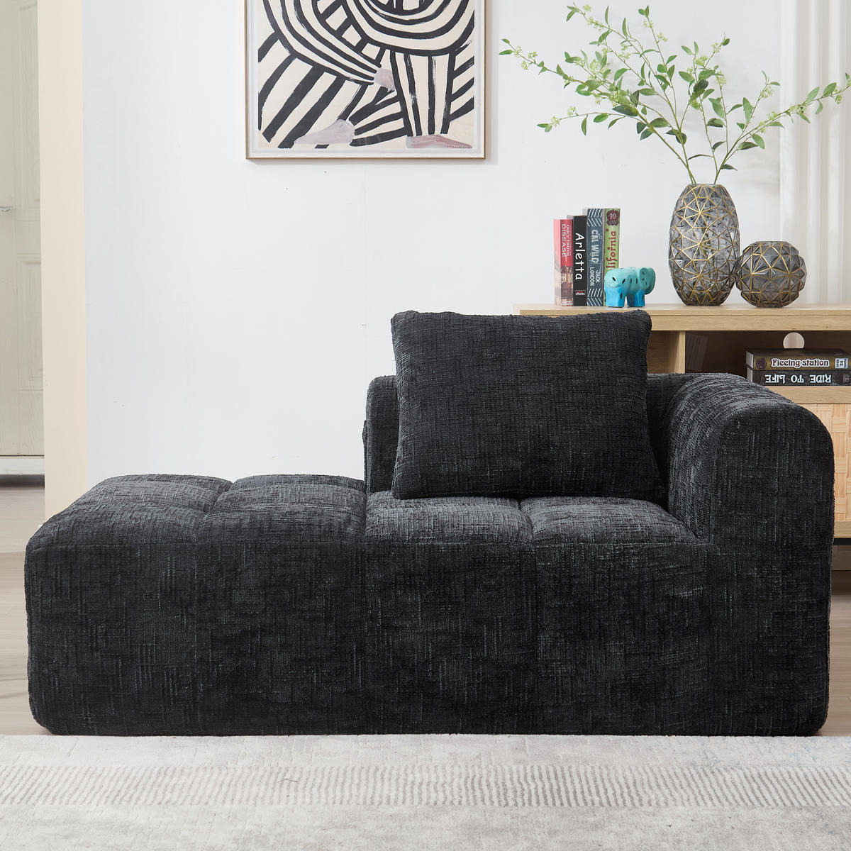 CHAISELONGUE Sofa Chenille mit Seitentaschen und Kissen 158/90/60 cm Schwarz - Schwarz, Textil (60/158/90cm) - Redom