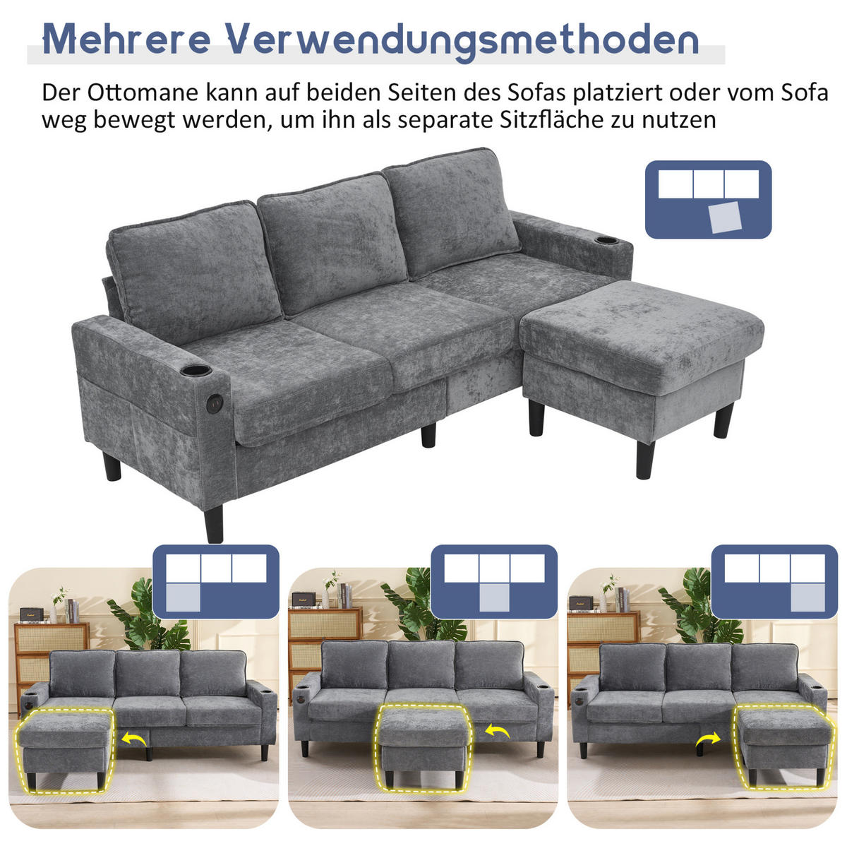 ECKSOFA L-Form Leinen mit USB-Anschluss und Typ-C Getränkehalter 202/137/80 cm Grau - Grau, Textil (137/202cm) - Redom